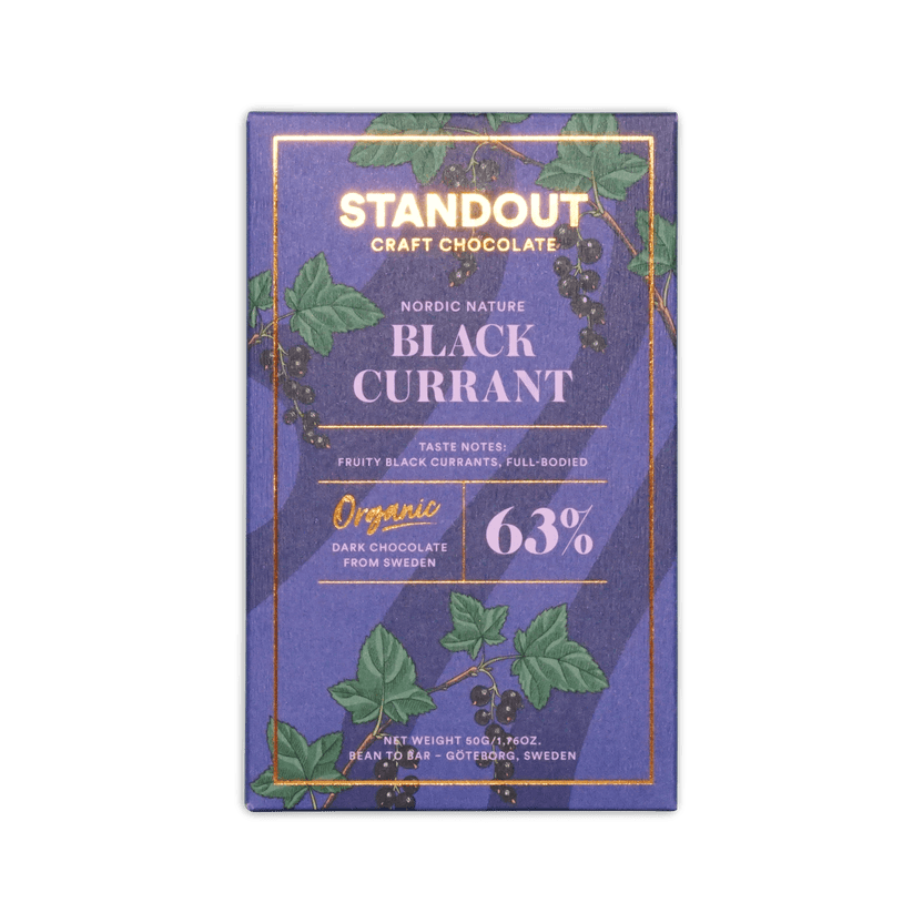 Standout Craft Chocolate bar, purple box with black currant illustration, marked Nordic Nature Black Currant 63%.