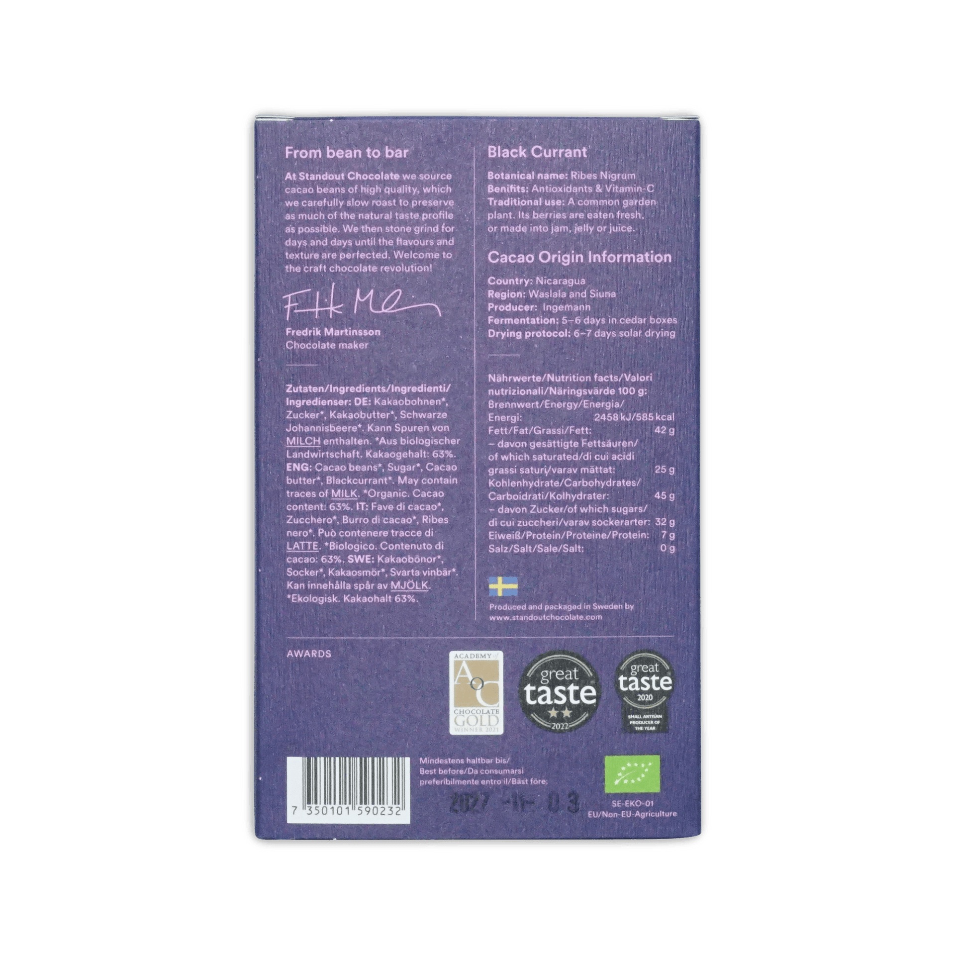 Back of a Standout Chocolate 63% box in purple, Black Currant details, ingredients, nutrition facts, and award badges.