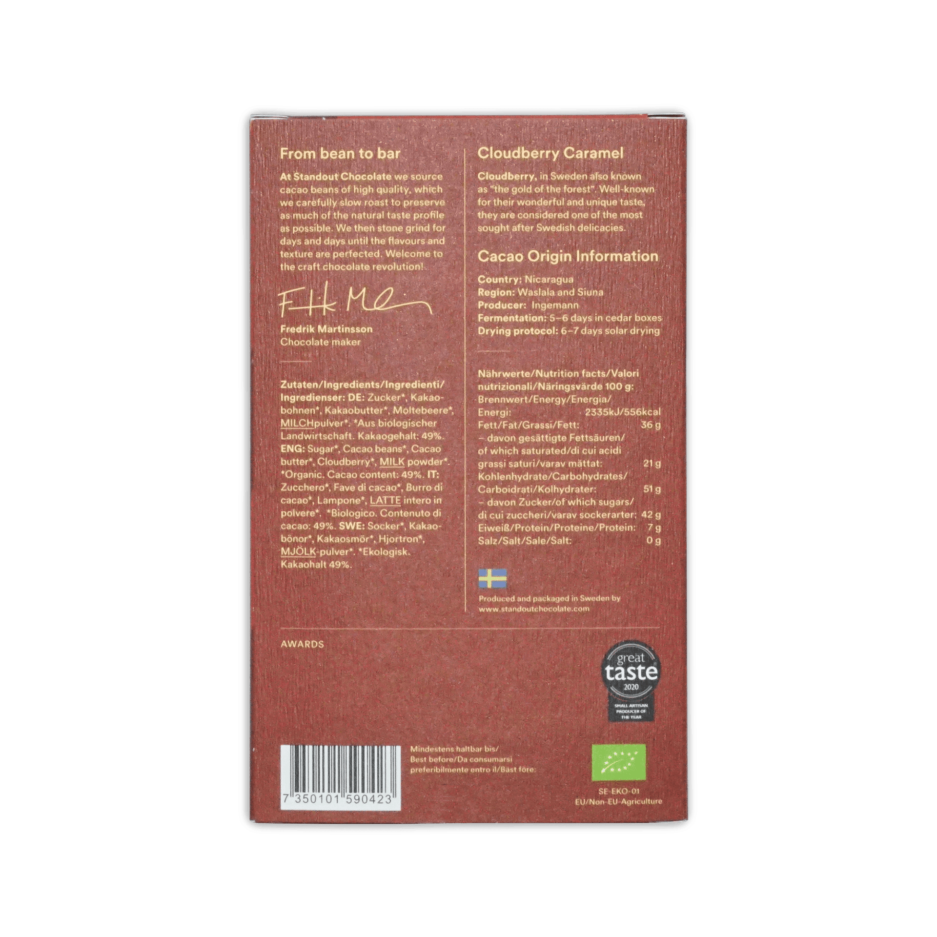 Back side of a brown rectangular standout chocolate nordic nature cloudberry caramel 49 percent box with swedish flag and organic logo