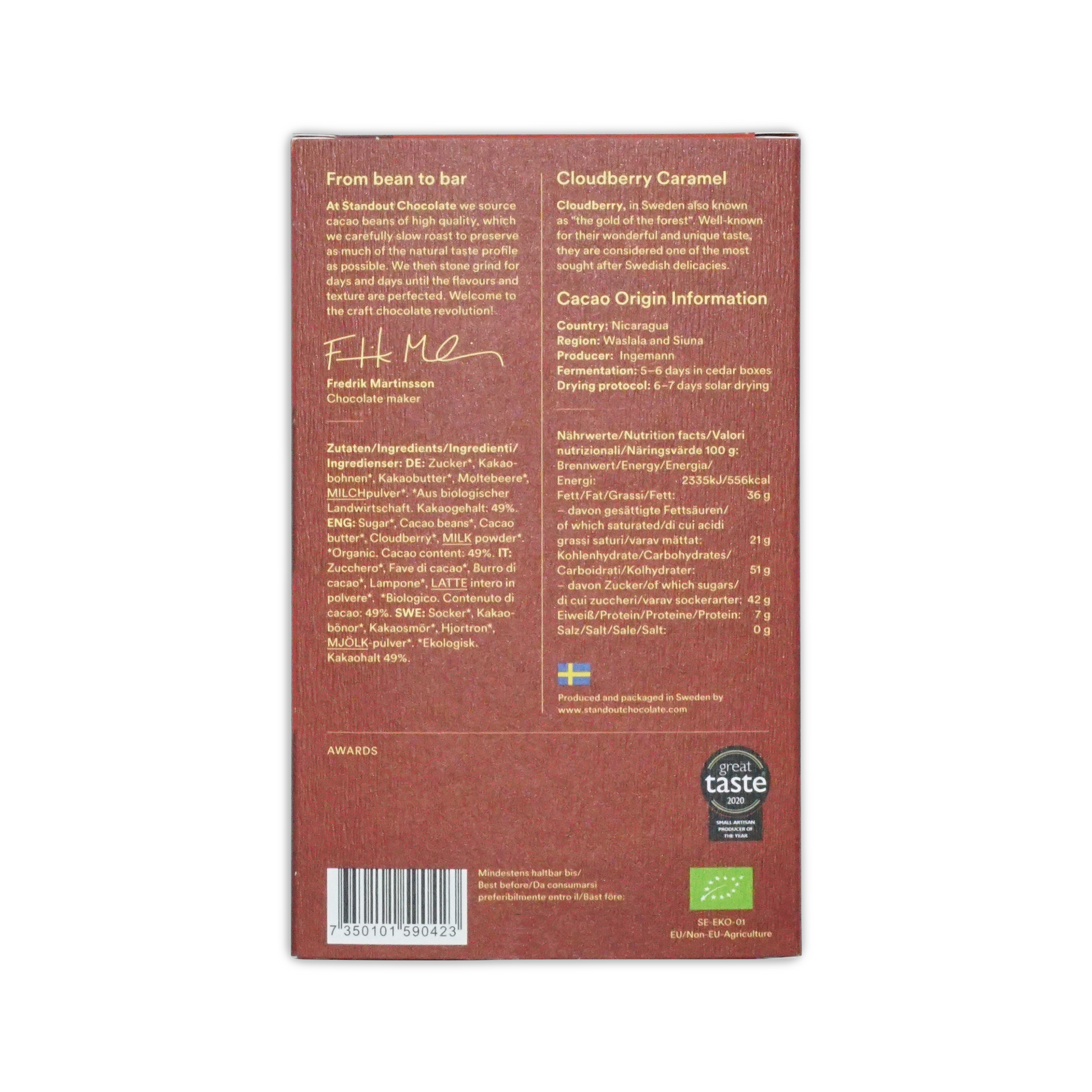 Back side of a brown rectangular standout chocolate nordic nature cloudberry caramel 49 percent box with swedish flag and organic logo