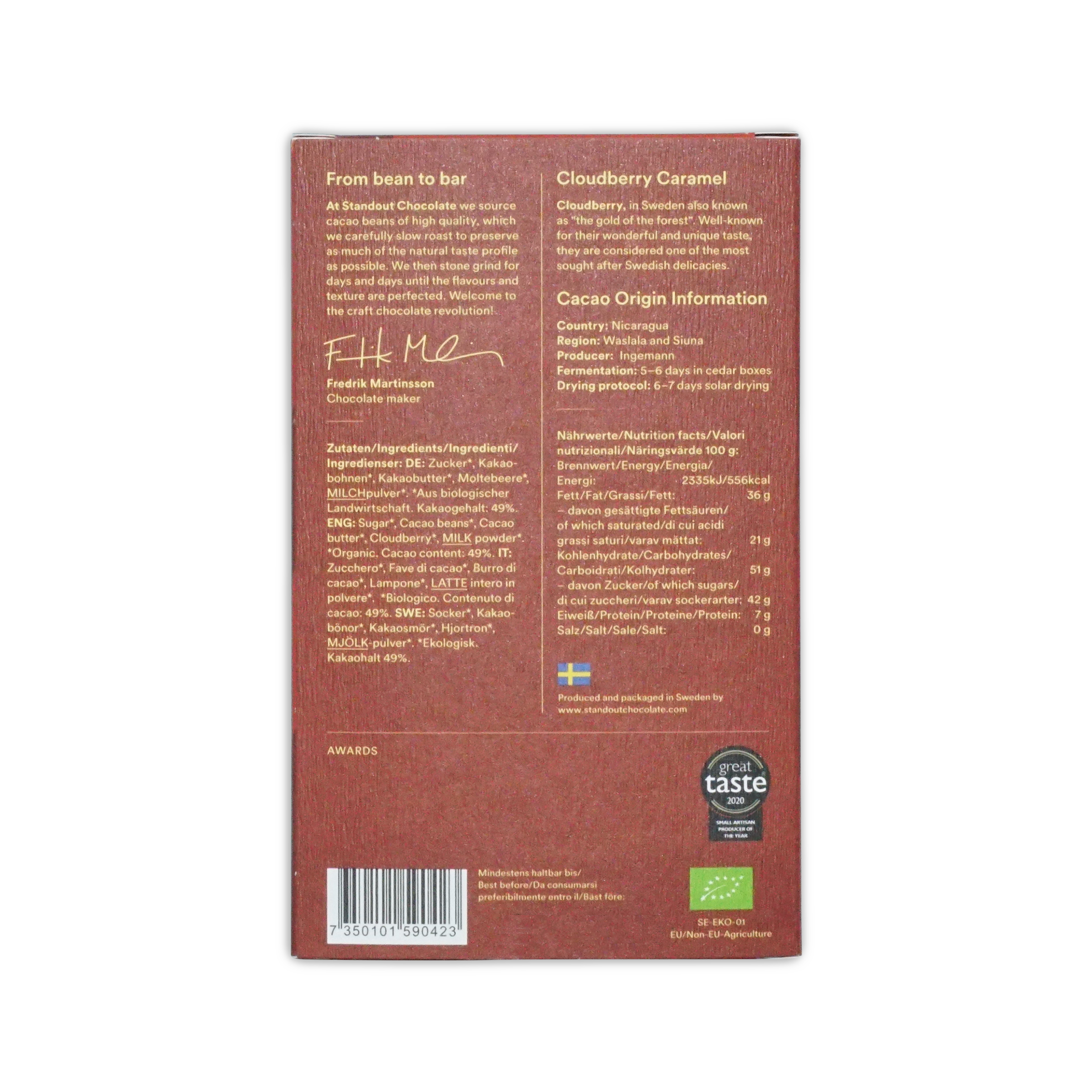 Back side of a brown rectangular standout chocolate nordic nature cloudberry caramel 49 percent box with swedish flag and organic logo