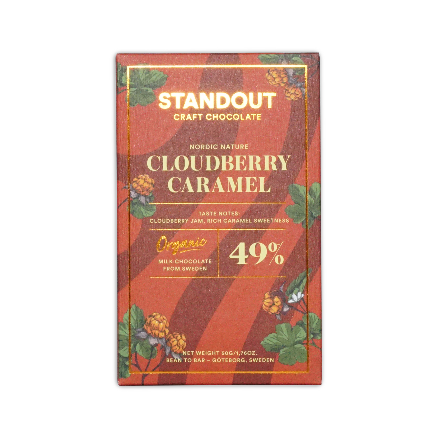 A red and gold packaged standout craft chocolate bar with nordic nature cloudberry caramel organic milk chocolate from Sweden