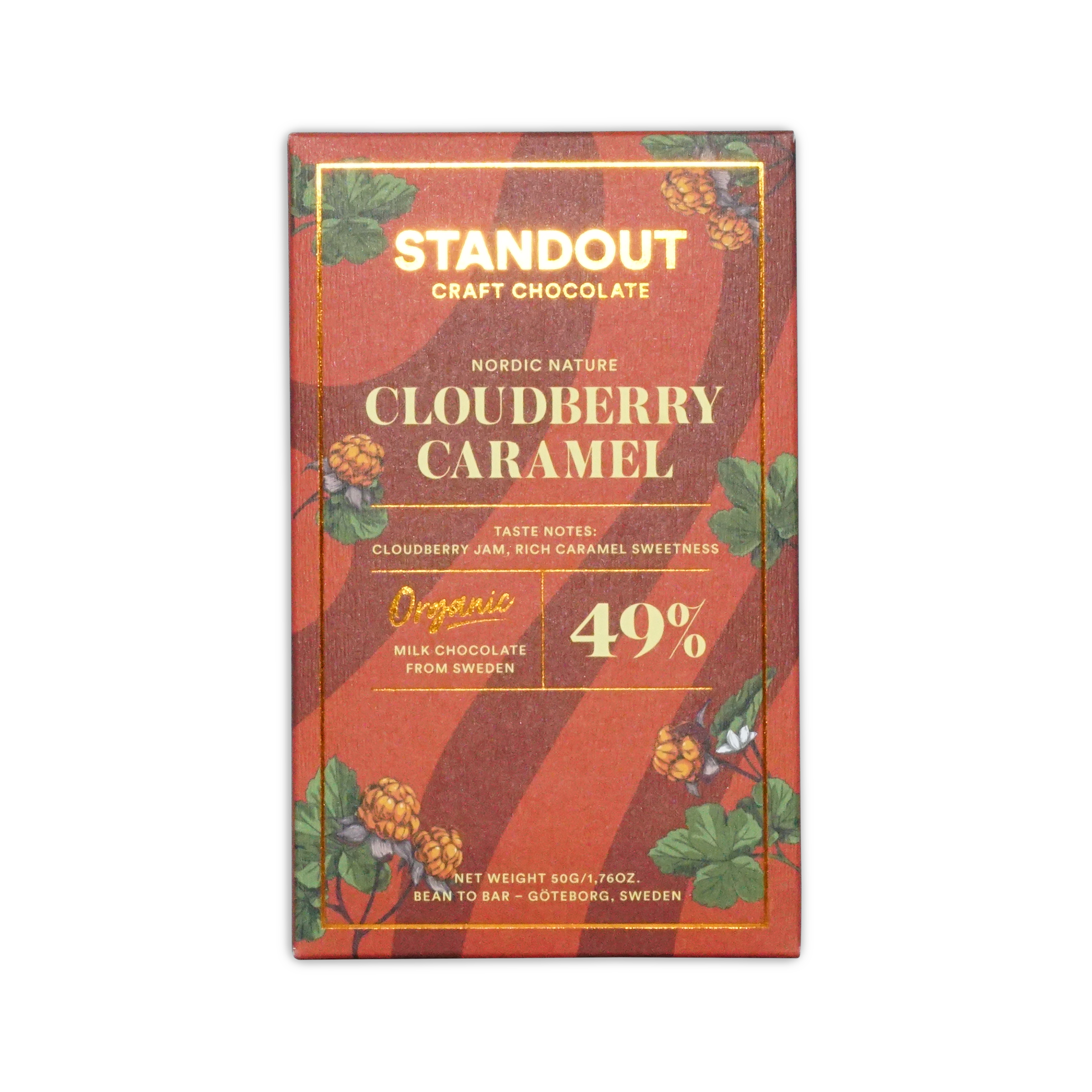 A red and gold packaged standout craft chocolate bar with nordic nature cloudberry caramel organic milk chocolate from Sweden