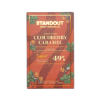 A red and gold packaged standout craft chocolate bar with nordic nature cloudberry caramel organic milk chocolate from Sweden