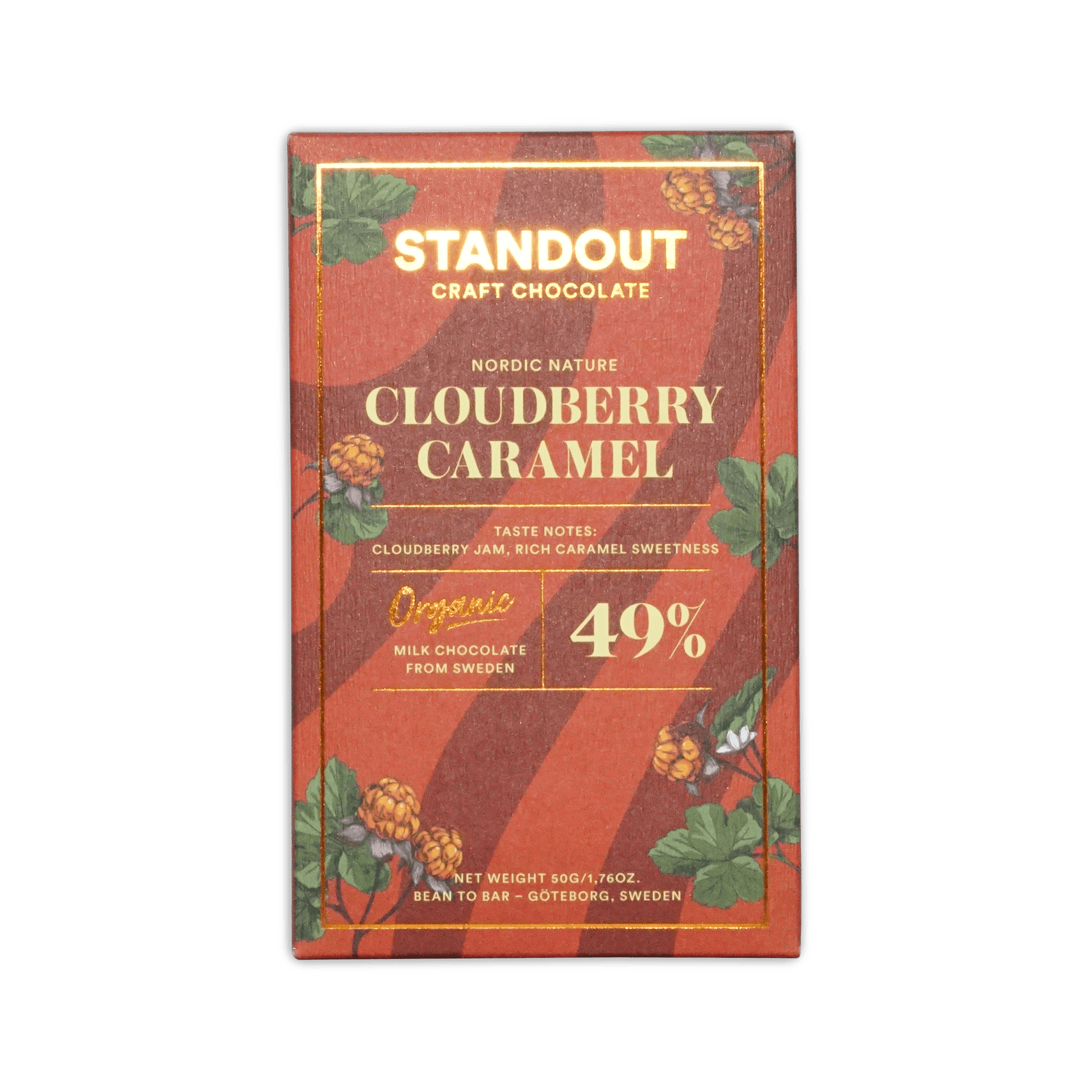 A red and gold packaged standout craft chocolate bar with nordic nature cloudberry caramel organic milk chocolate from Sweden