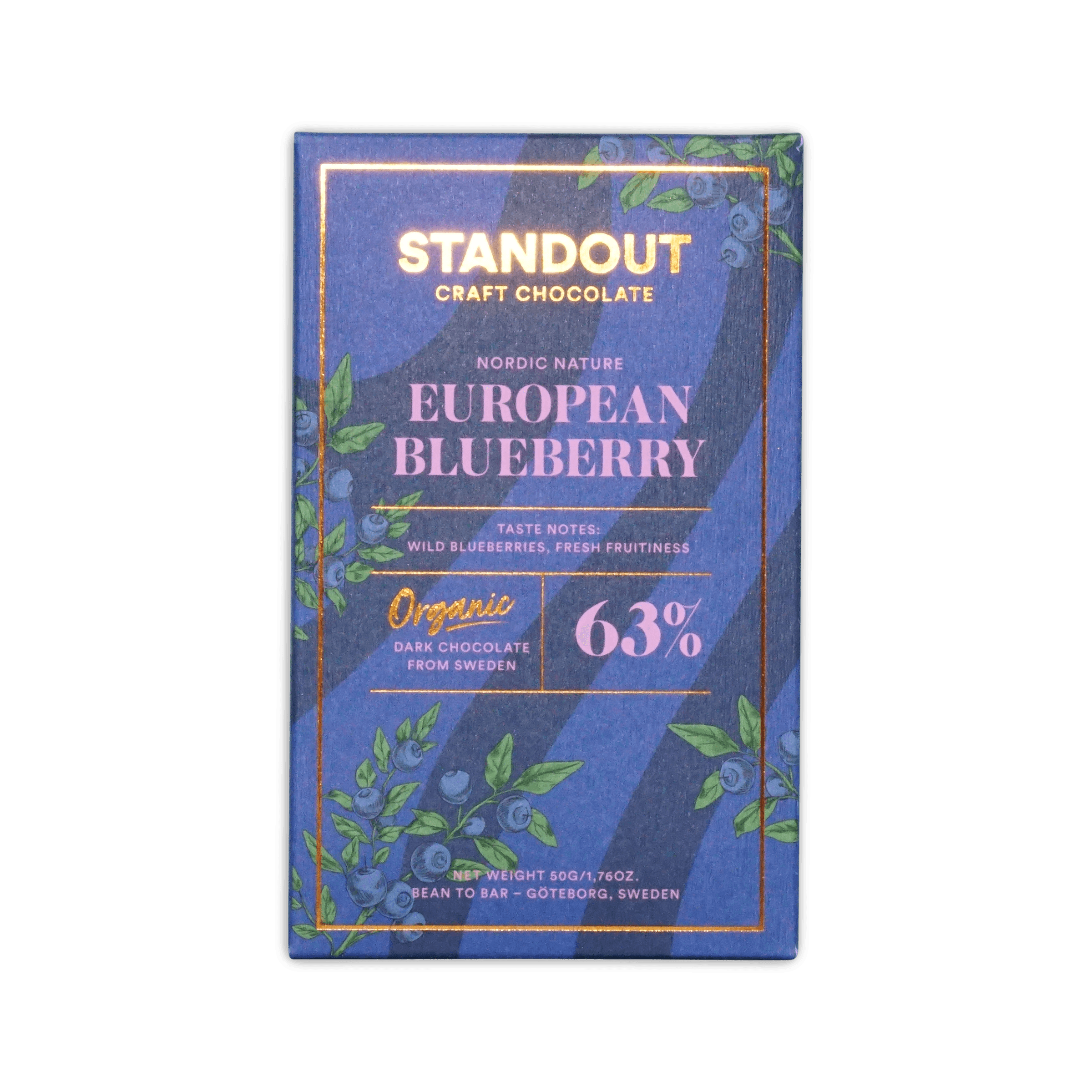 Standout Craft Chocolate Nordic Nature European Blueberry 63% bar, blue box with blueberry-branch illustrations, 50g.