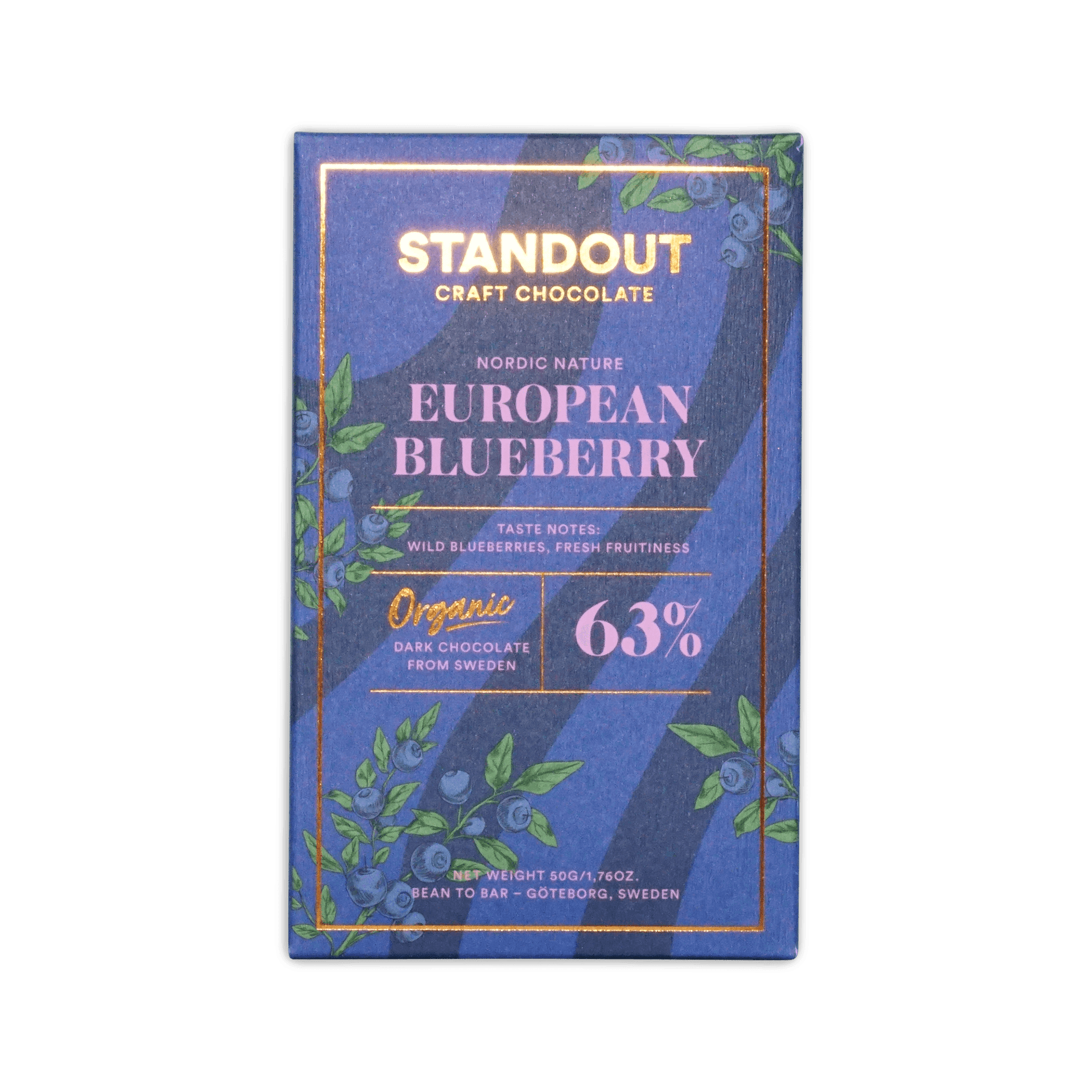 Standout Craft Chocolate Nordic Nature European Blueberry 63% bar, blue box with blueberry-branch illustrations, 50g.