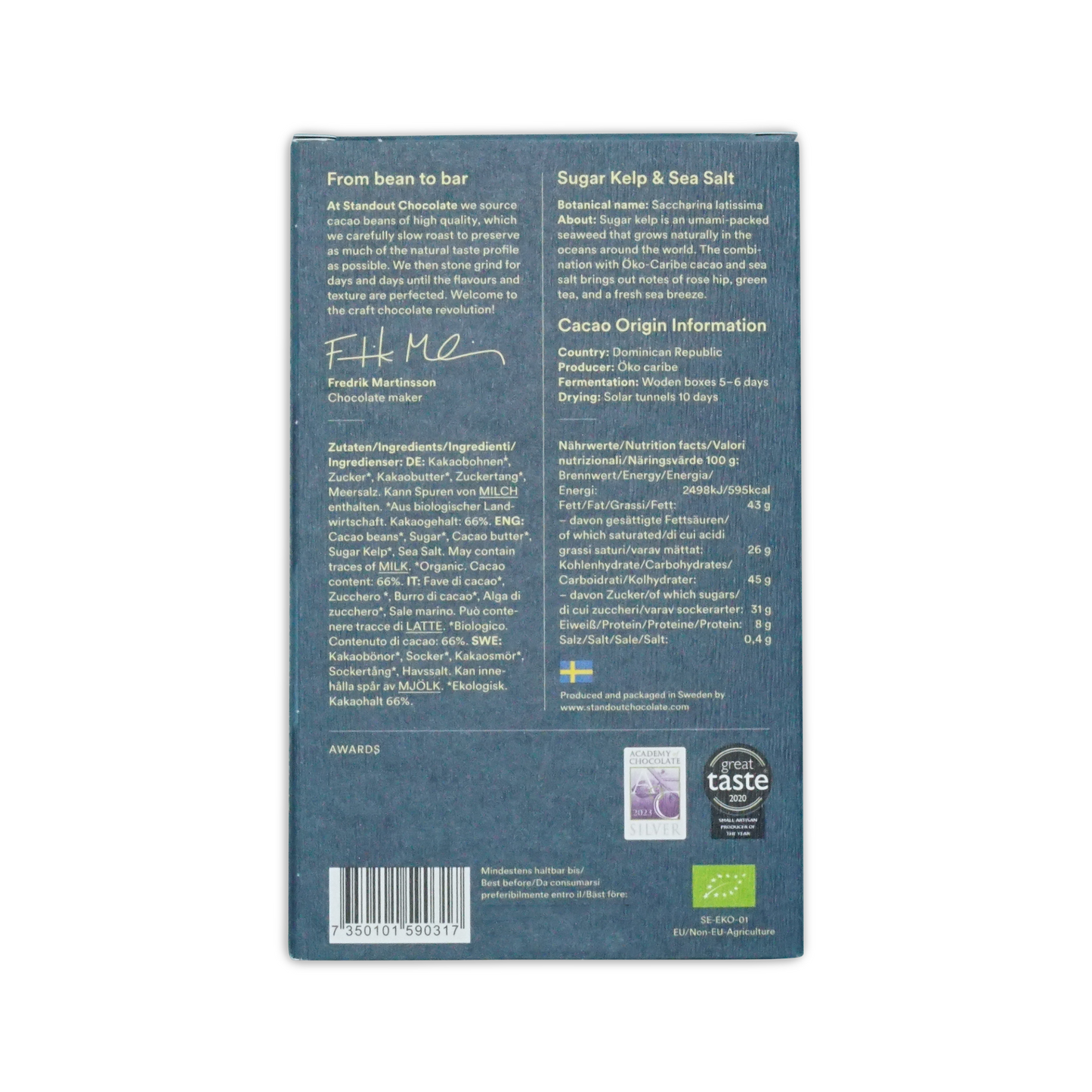 Dark blue rectangular box of standout chocolate nordic nature sugar kelp and sea salt 66 with white text and swedish flag emblem