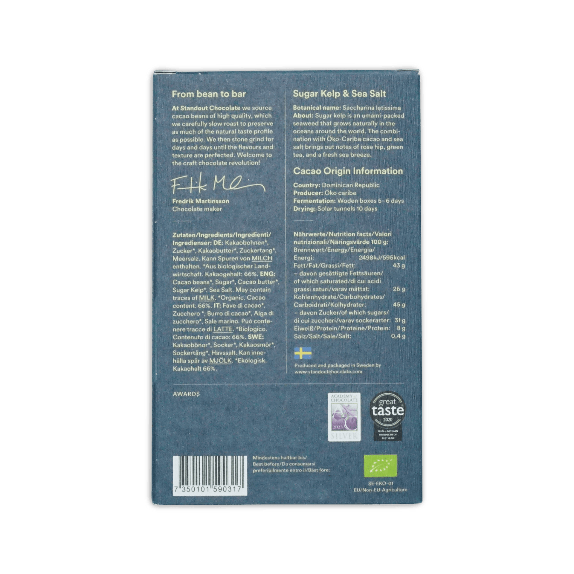 Dark blue rectangular box of standout chocolate nordic nature sugar kelp and sea salt 66 with white text and swedish flag emblem