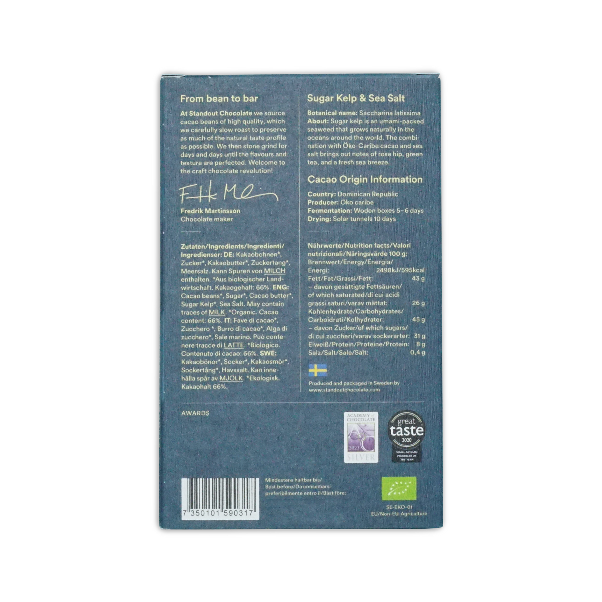 Dark blue rectangular box of standout chocolate nordic nature sugar kelp and sea salt 66 with white text and swedish flag emblem