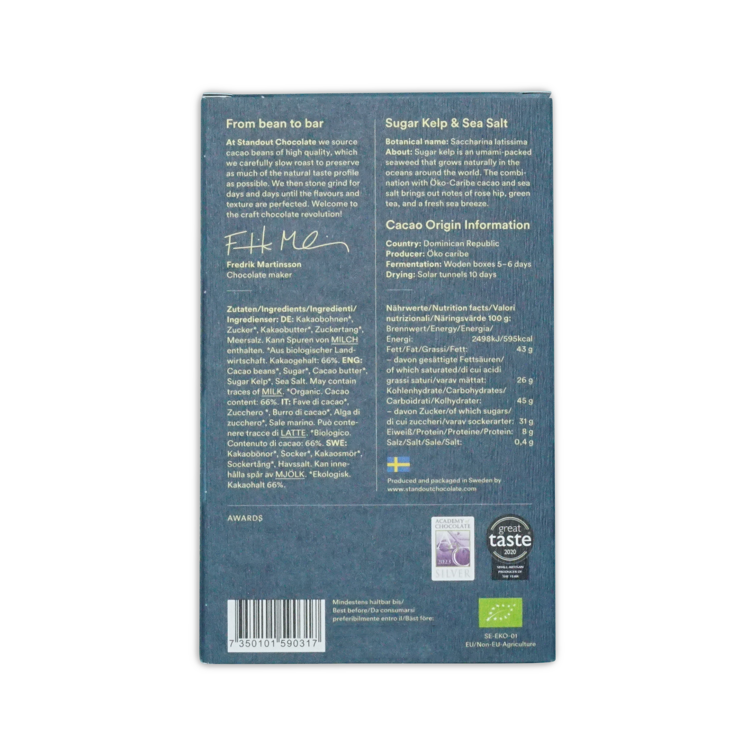 Dark blue rectangular box of standout chocolate nordic nature sugar kelp and sea salt 66 with white text and swedish flag emblem