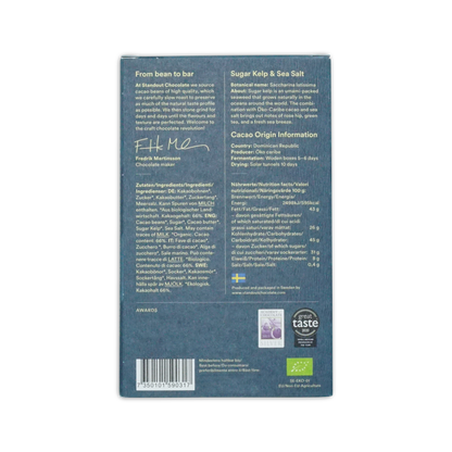 Dark blue rectangular box of standout chocolate nordic nature sugar kelp and sea salt 66 with white text and swedish flag emblem