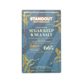 Standout craft chocolate 66% dark chocolate bar in blue and gold packaging with nordic nature sugar kelp sea salt flavor organic labeling