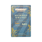 Standout craft chocolate 66% dark chocolate bar in blue and gold packaging with nordic nature sugar kelp sea salt flavor organic labeling
