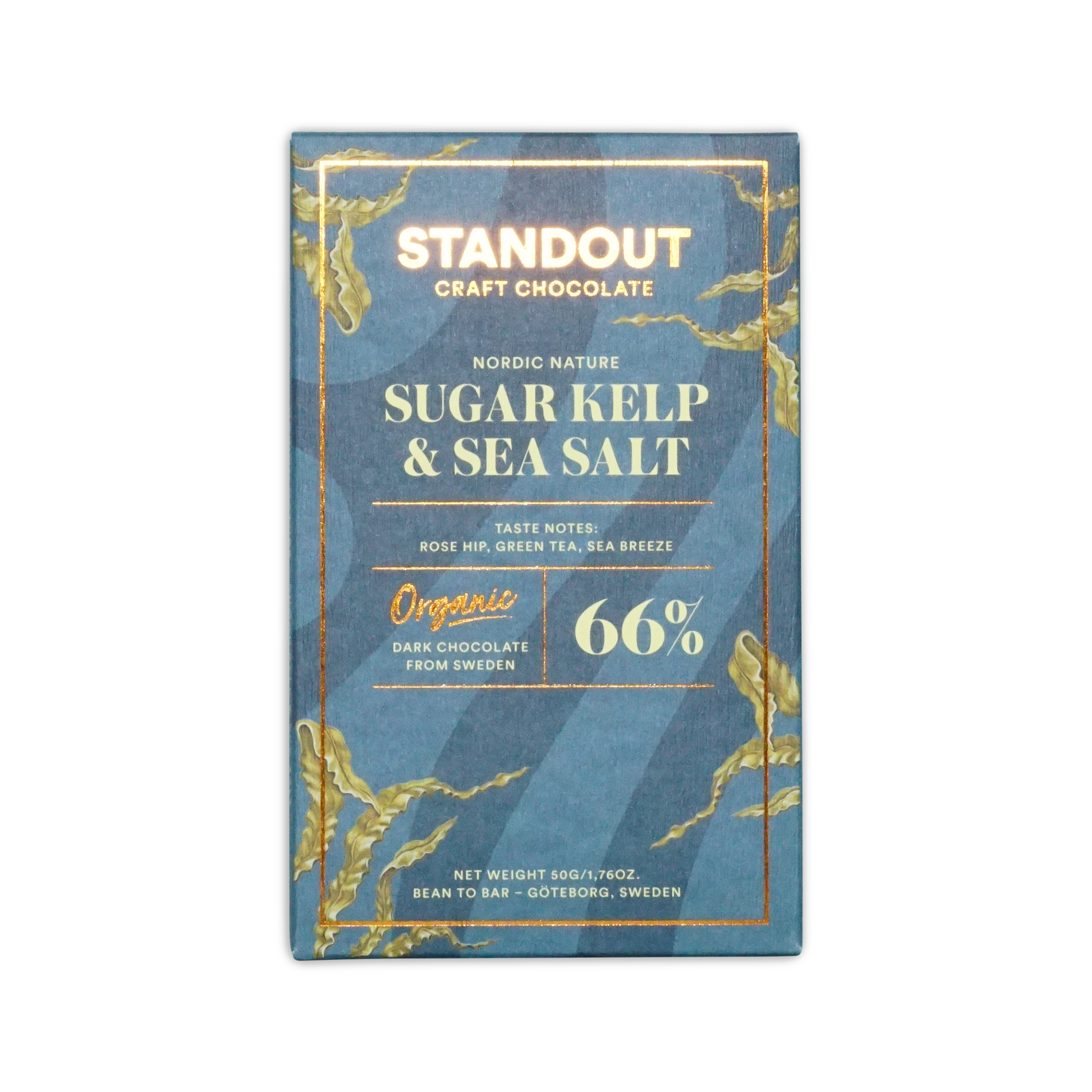 Standout craft chocolate 66% dark chocolate bar in blue and gold packaging with nordic nature sugar kelp sea salt flavor organic labeling