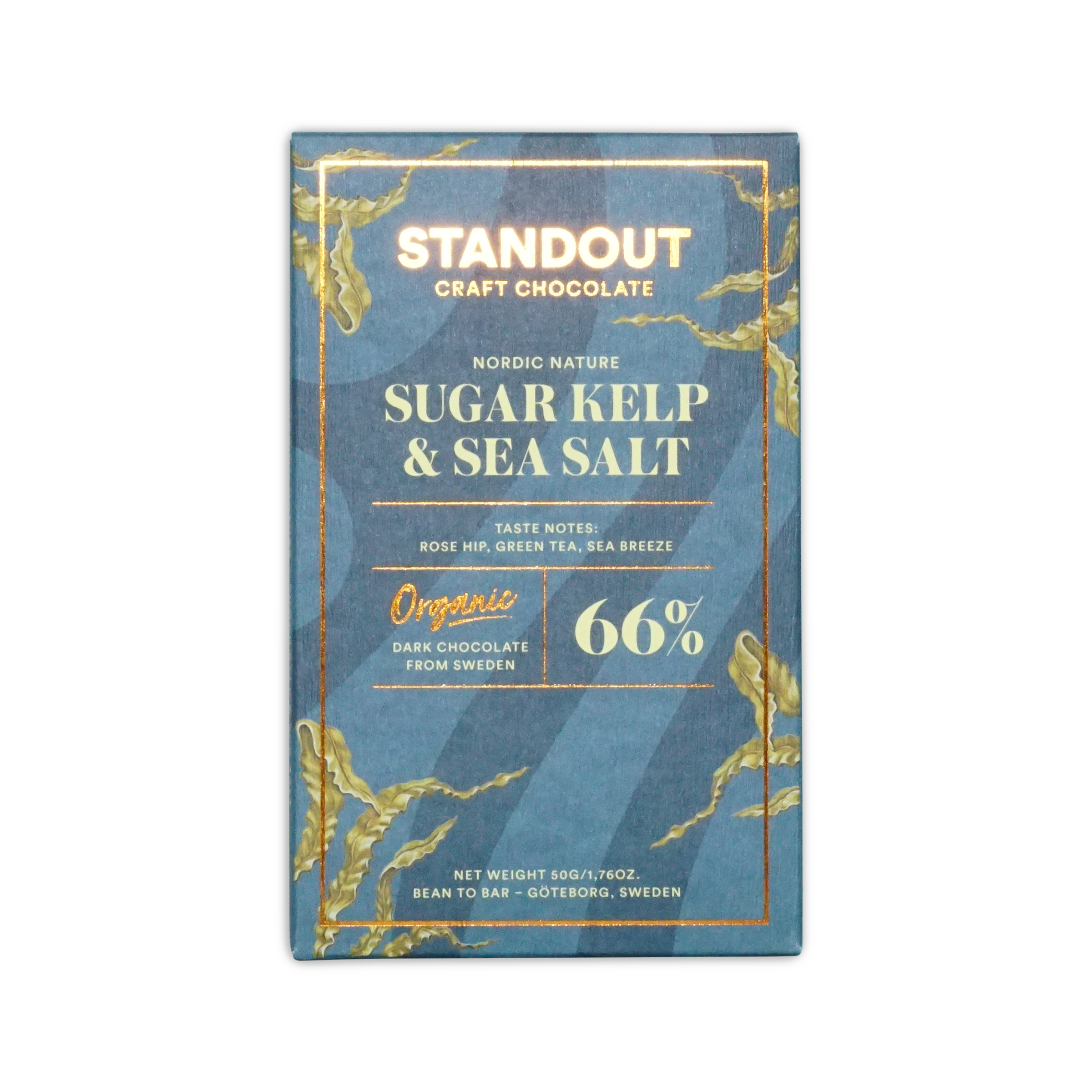 Standout craft chocolate 66% dark chocolate bar in blue and gold packaging with nordic nature sugar kelp sea salt flavor organic labeling