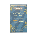 Standout craft chocolate 66% dark chocolate bar in blue and gold packaging with nordic nature sugar kelp sea salt flavor organic labeling