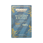 Standout craft chocolate 66% dark chocolate bar in blue and gold packaging with nordic nature sugar kelp sea salt flavor organic labeling