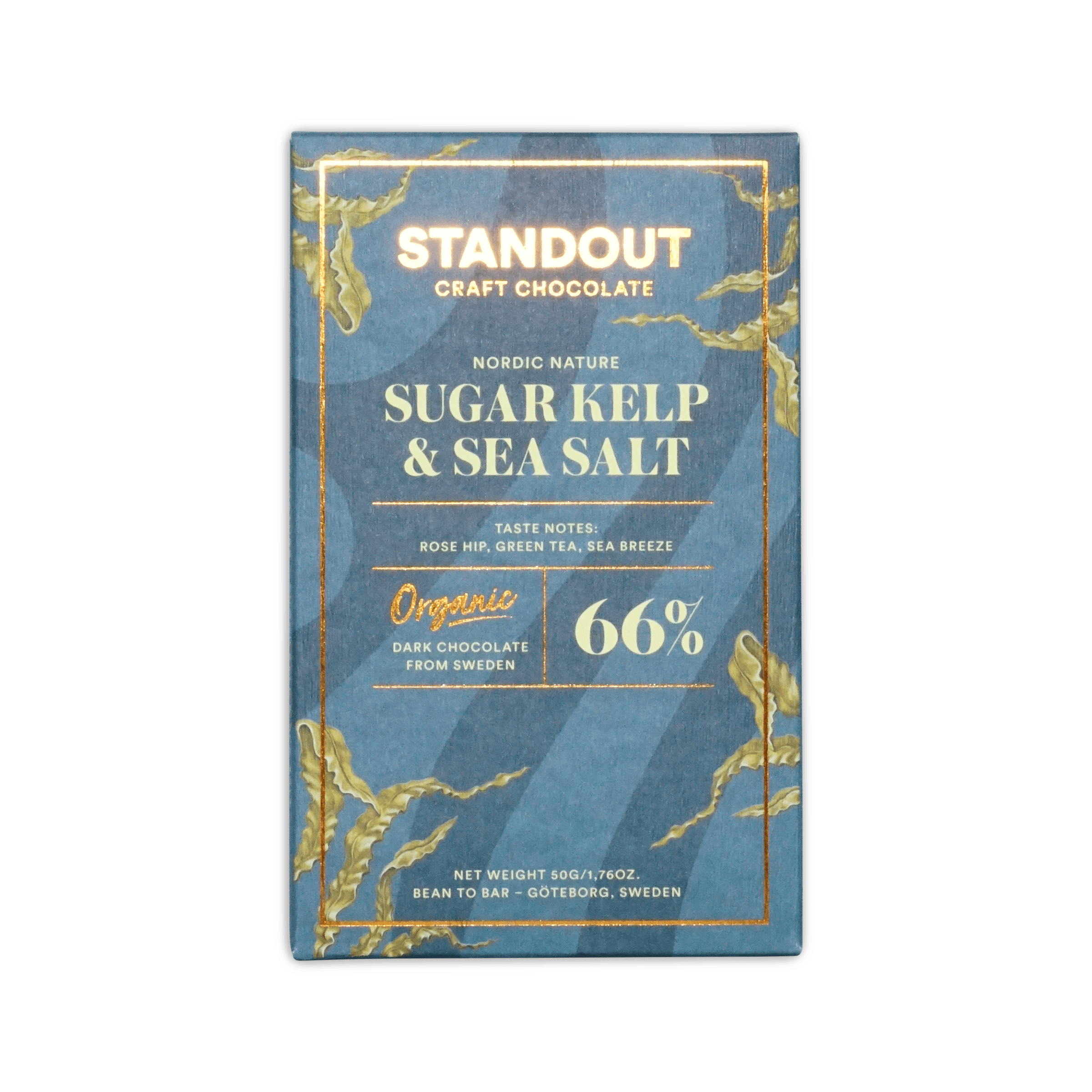 Standout craft chocolate 66% dark chocolate bar in blue and gold packaging with nordic nature sugar kelp sea salt flavor organic labeling