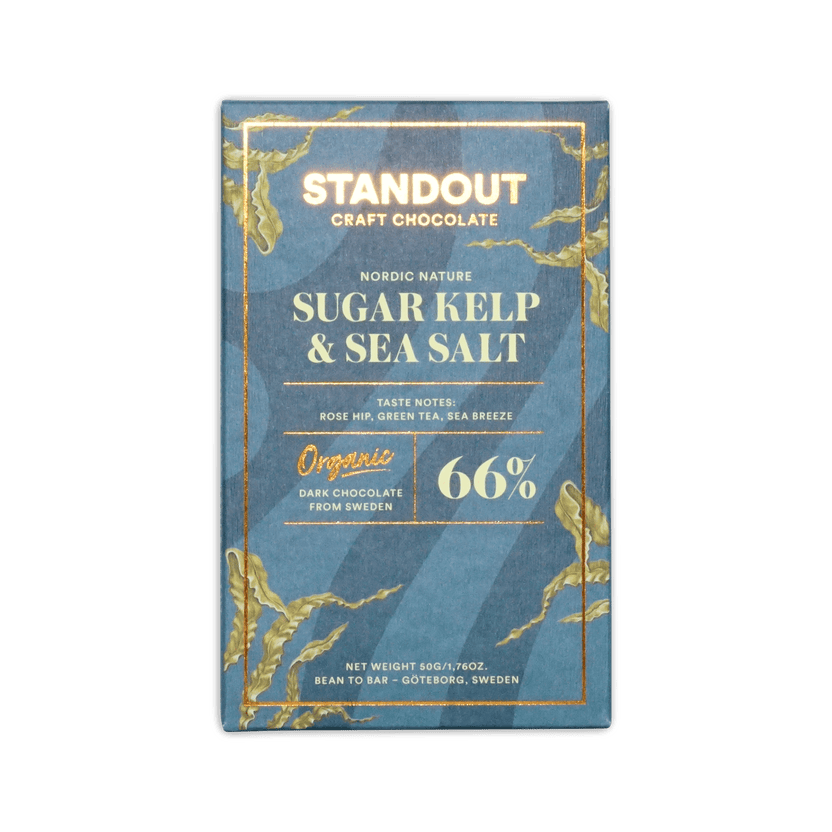 Standout craft chocolate 66% dark chocolate bar in blue and gold packaging with nordic nature sugar kelp sea salt flavor organic labeling