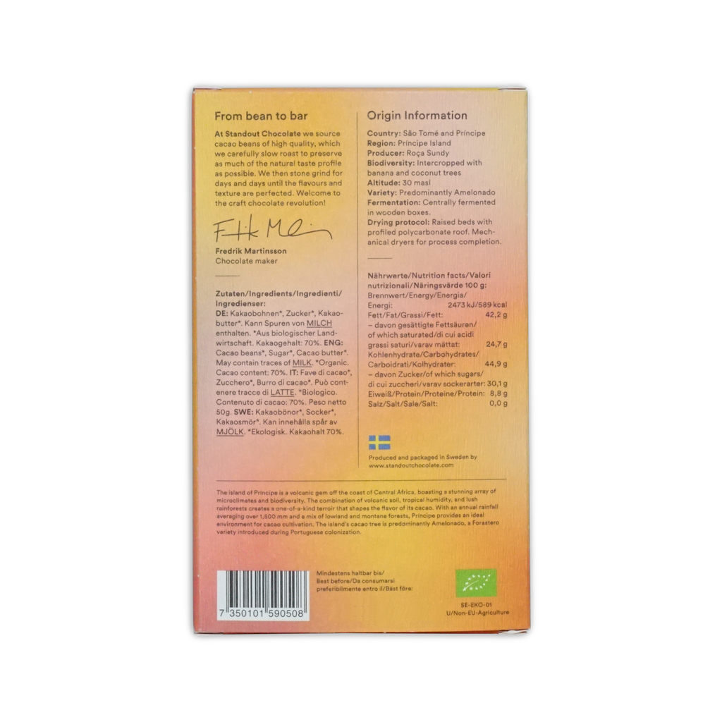 A rectangular chocolate bar wrapper with a warm orange to yellow gradient and black text for principe roca sundy 70% limited edition
