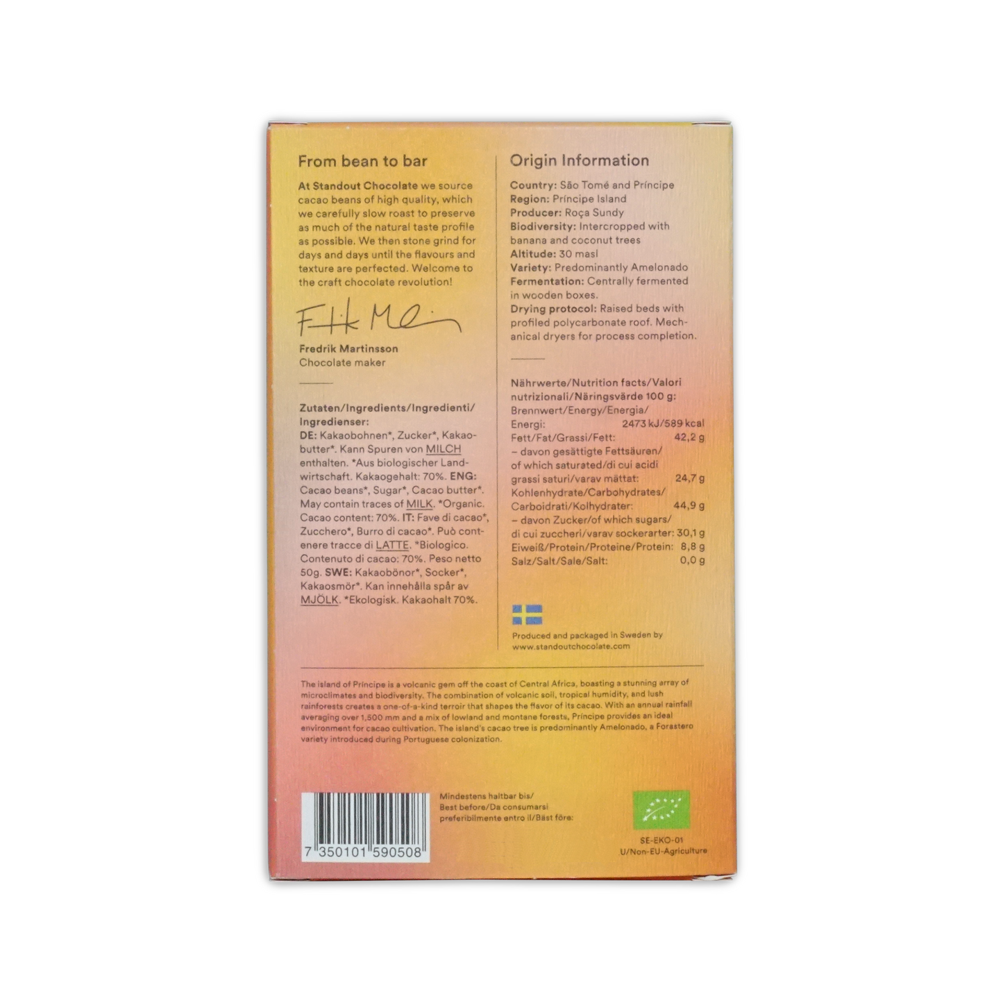 A rectangular chocolate bar wrapper with a warm orange to yellow gradient and black text for principe roca sundy 70% limited edition