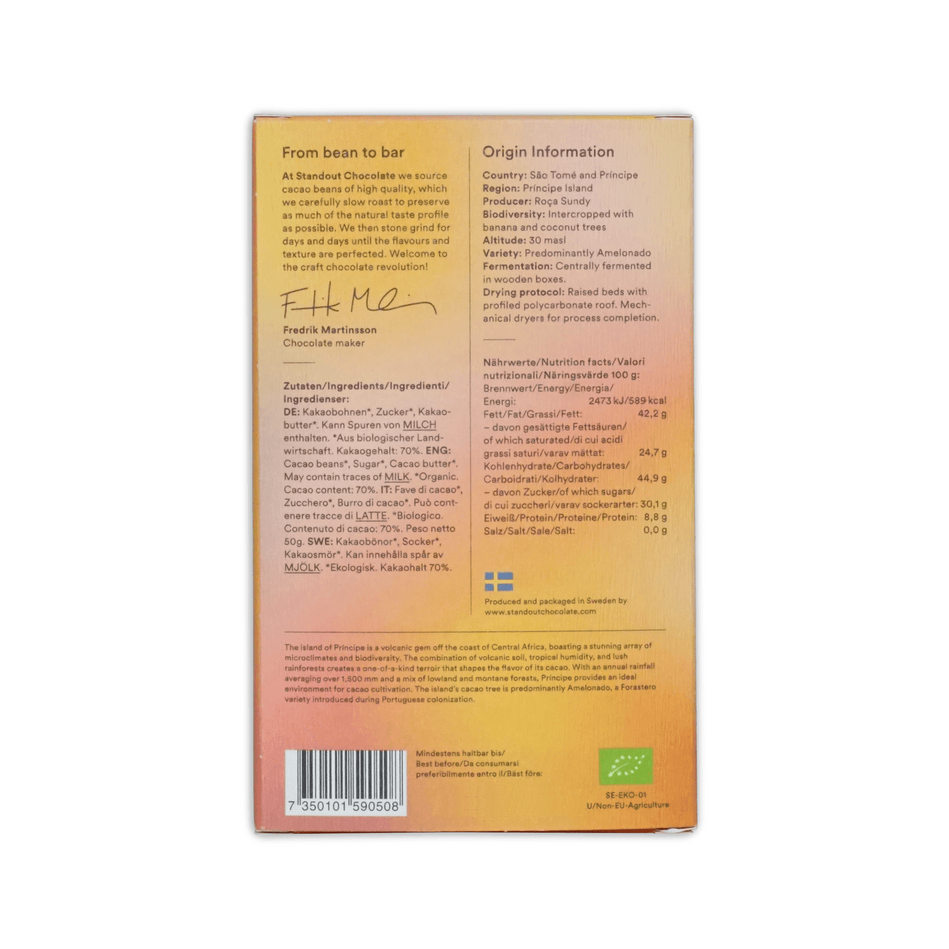 A rectangular chocolate bar wrapper with a warm orange to yellow gradient and black text for principe roca sundy 70% limited edition