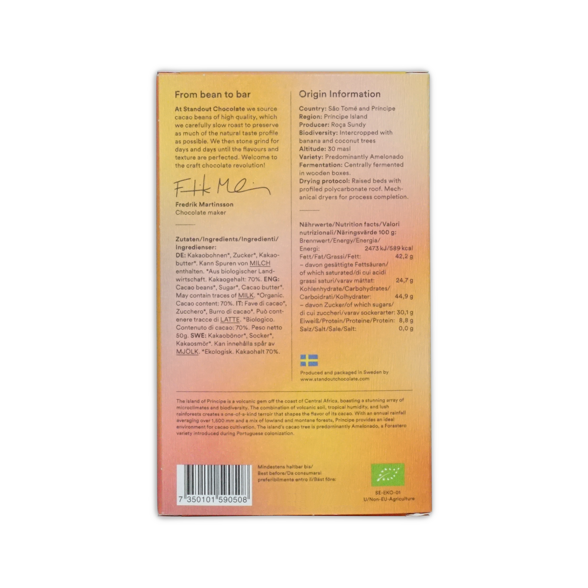 A rectangular chocolate bar wrapper with a warm orange to yellow gradient and black text for principe roca sundy 70% limited edition