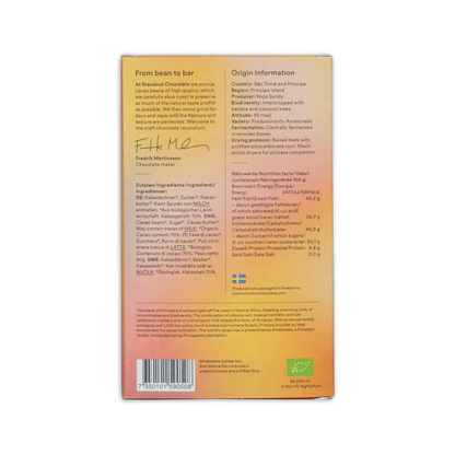 A rectangular chocolate bar wrapper with a warm orange to yellow gradient and black text for principe roca sundy 70% limited edition