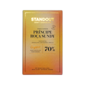 Standout chocolate príncipe roça sundy 70% dark chocolate bar with gradient gold to orange wrapper and black gold text
