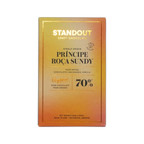 Standout chocolate príncipe roça sundy 70% dark chocolate bar with gradient gold to orange wrapper and black gold text