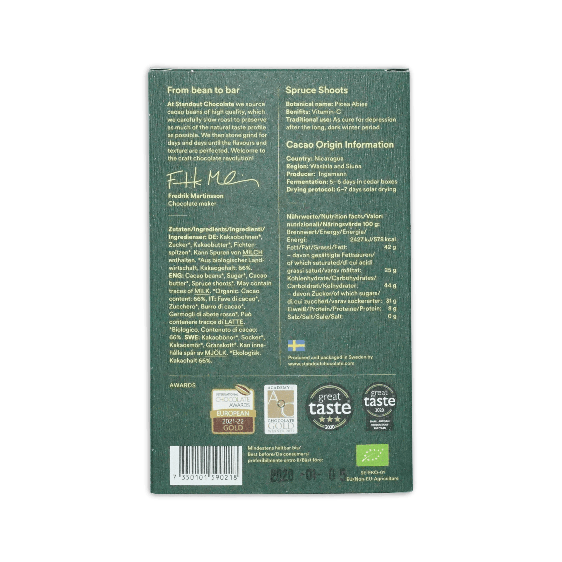 Back of Standout Spruce Shoots box with multilingual ingredients, nutrition panel and award badges