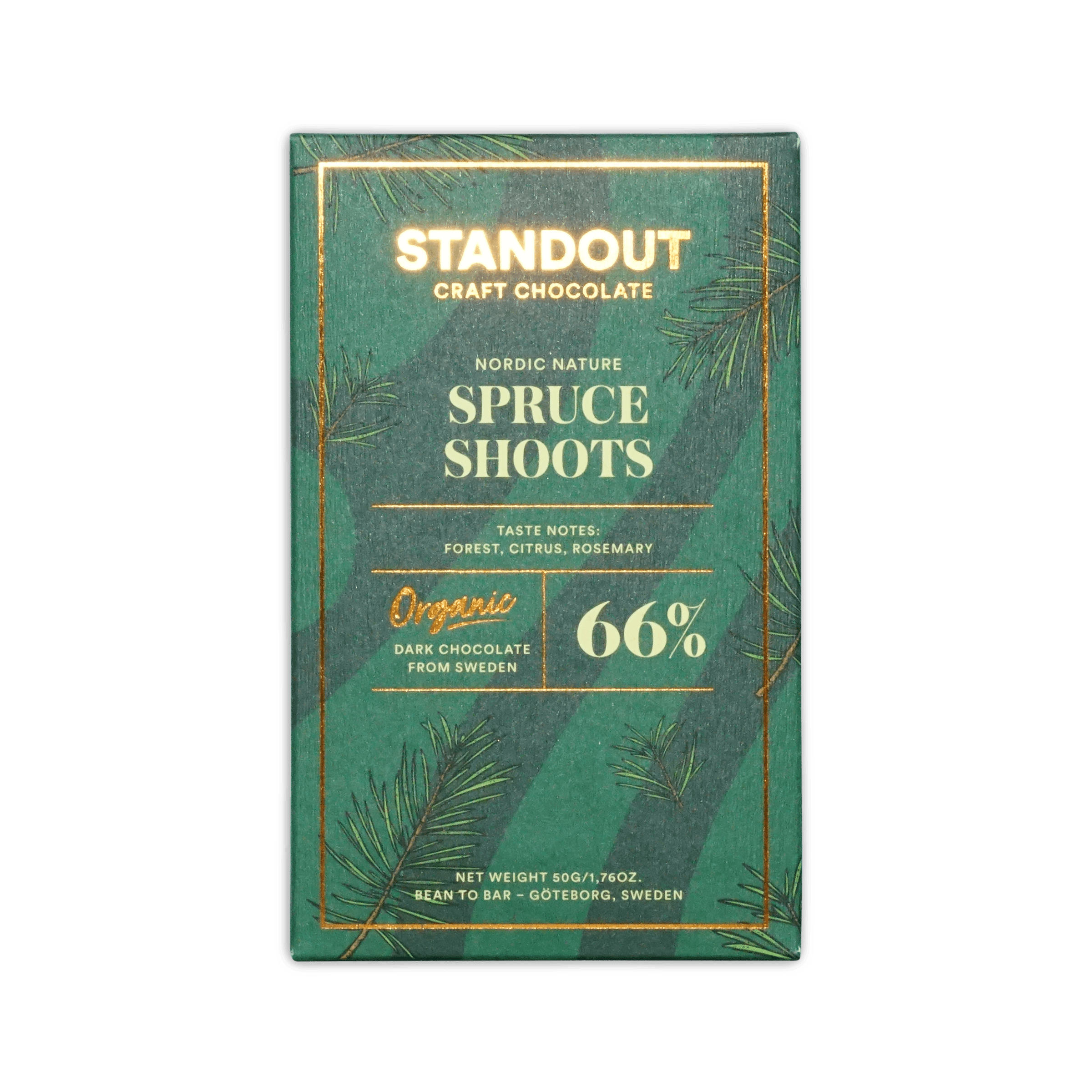 Standout Spruce Shoots 66% dark chocolate bar, green box with gold pine sprig illustration, Organic