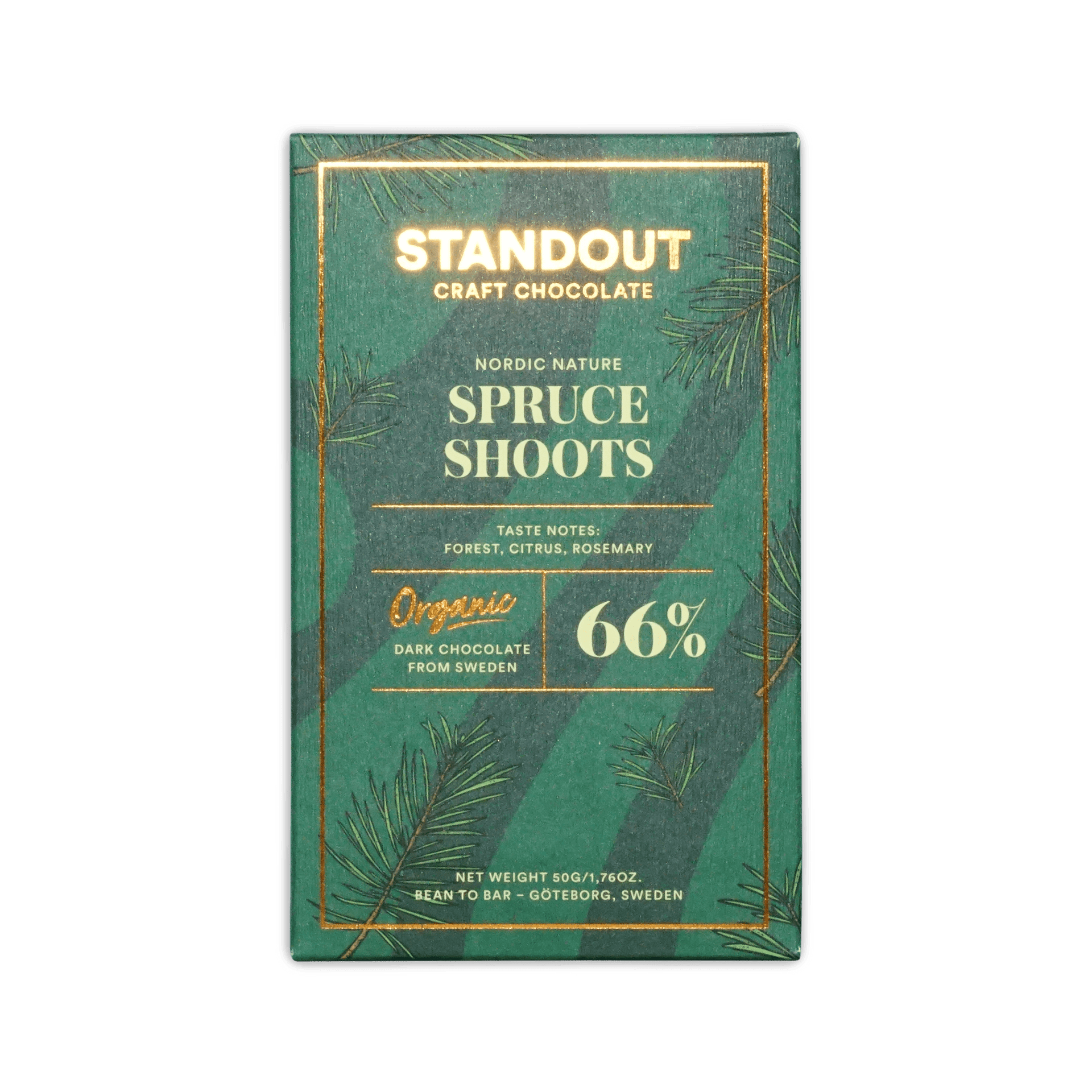 Standout Spruce Shoots 66% dark chocolate bar, green box with gold pine sprig illustration, Organic