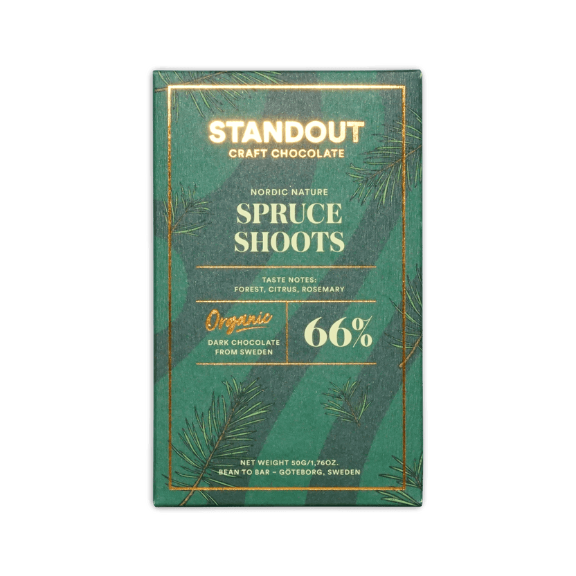Standout Spruce Shoots 66% dark chocolate bar, green box with gold pine sprig illustration, Organic