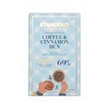 Standout Craft Chocolate bar, light blue gingham box reading Coffee & Cinnamon Bun 69%, with coffee and bun illustration.