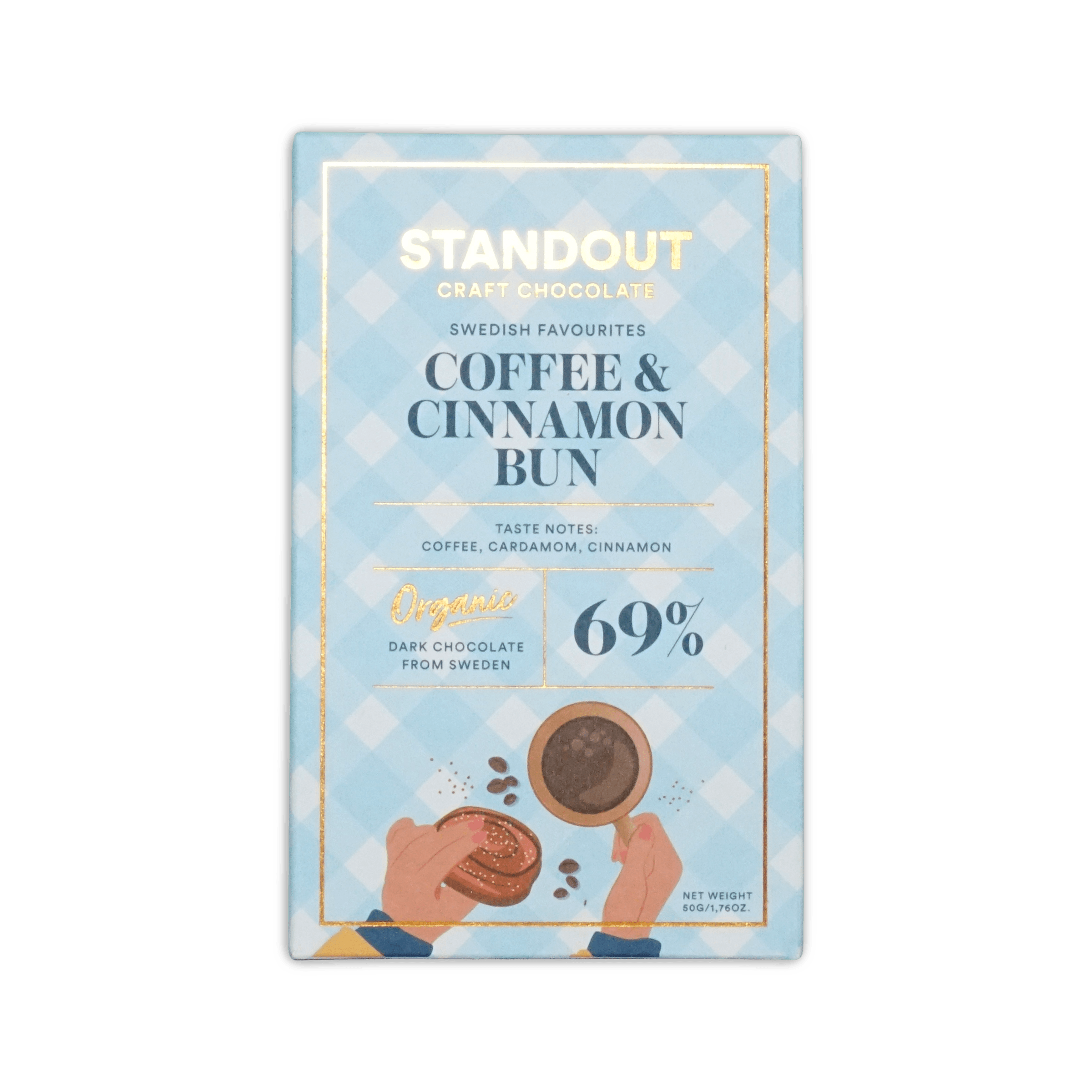 Standout Craft Chocolate bar, light blue gingham box reading Coffee & Cinnamon Bun 69%, with coffee and bun illustration.
