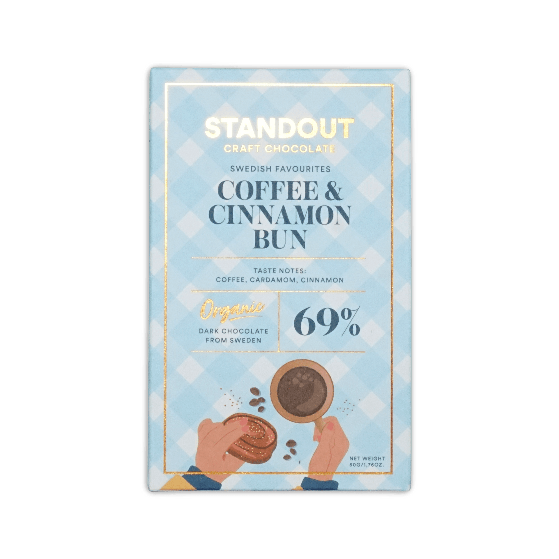 Standout Craft Chocolate bar, light blue gingham box reading Coffee & Cinnamon Bun 69%, with coffee and bun illustration.