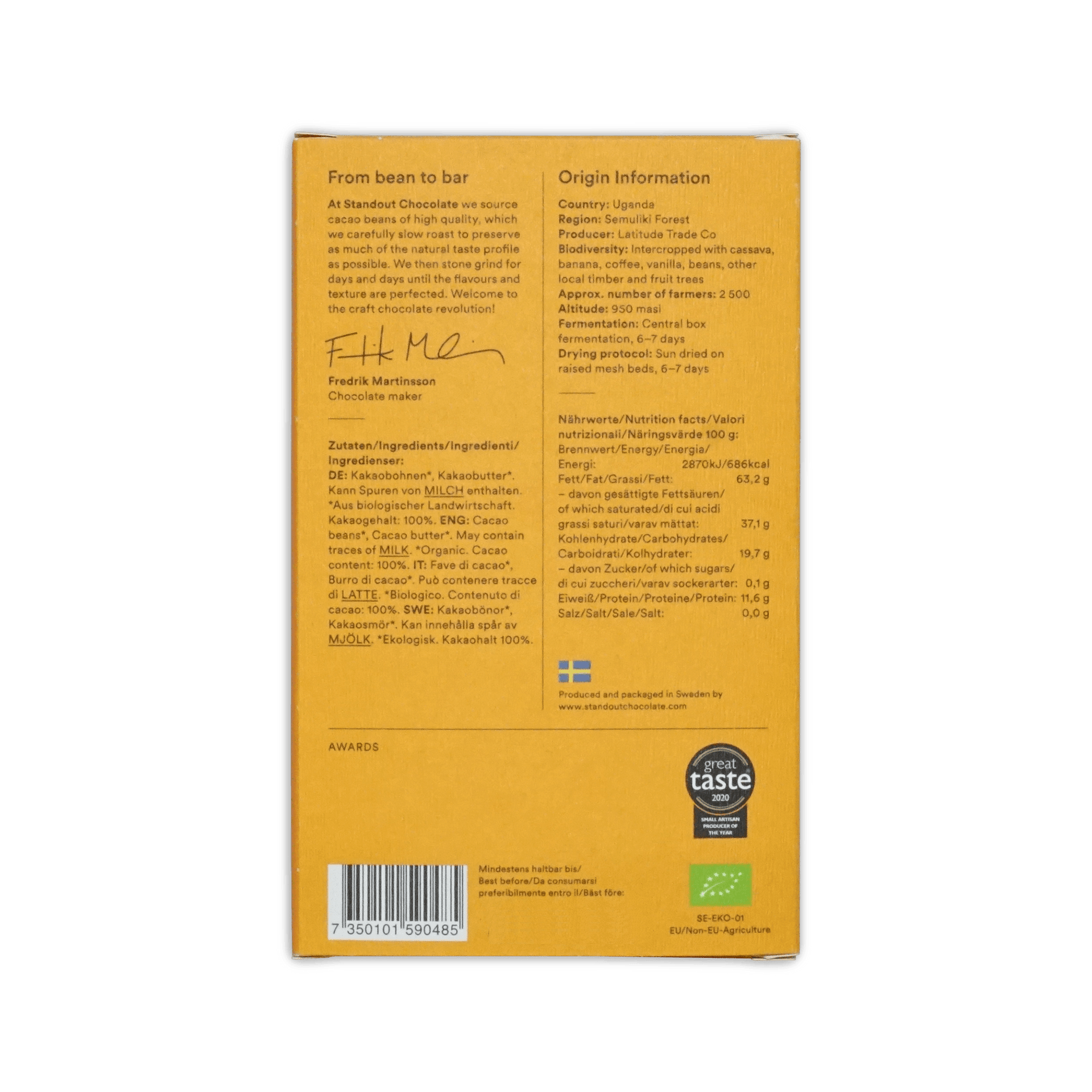 Yellow cardboard box of standout chocolate uganda semuliki forest 100 percent with black text and barcode on back side