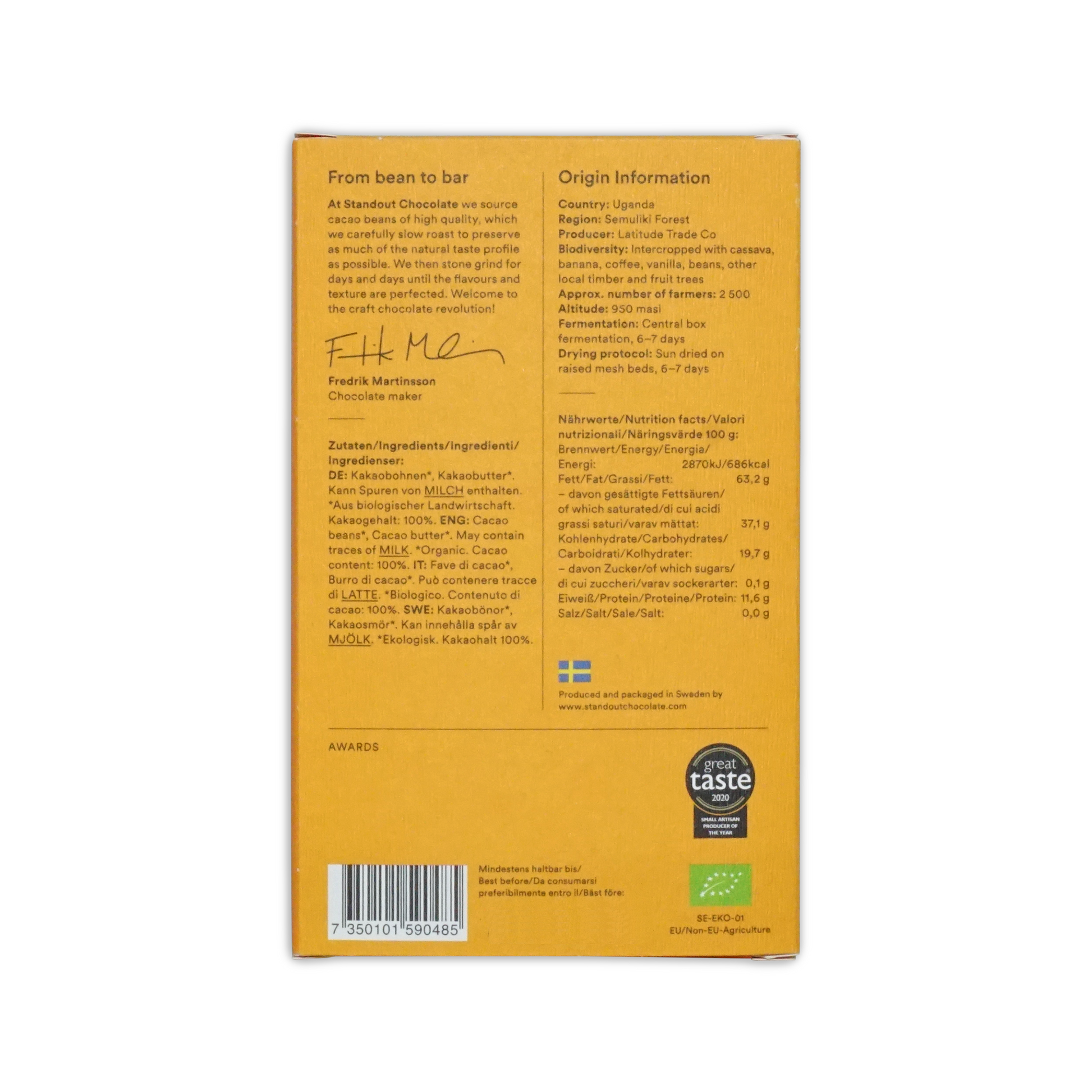 Yellow cardboard box of standout chocolate uganda semuliki forest 100 percent with black text and barcode on back side