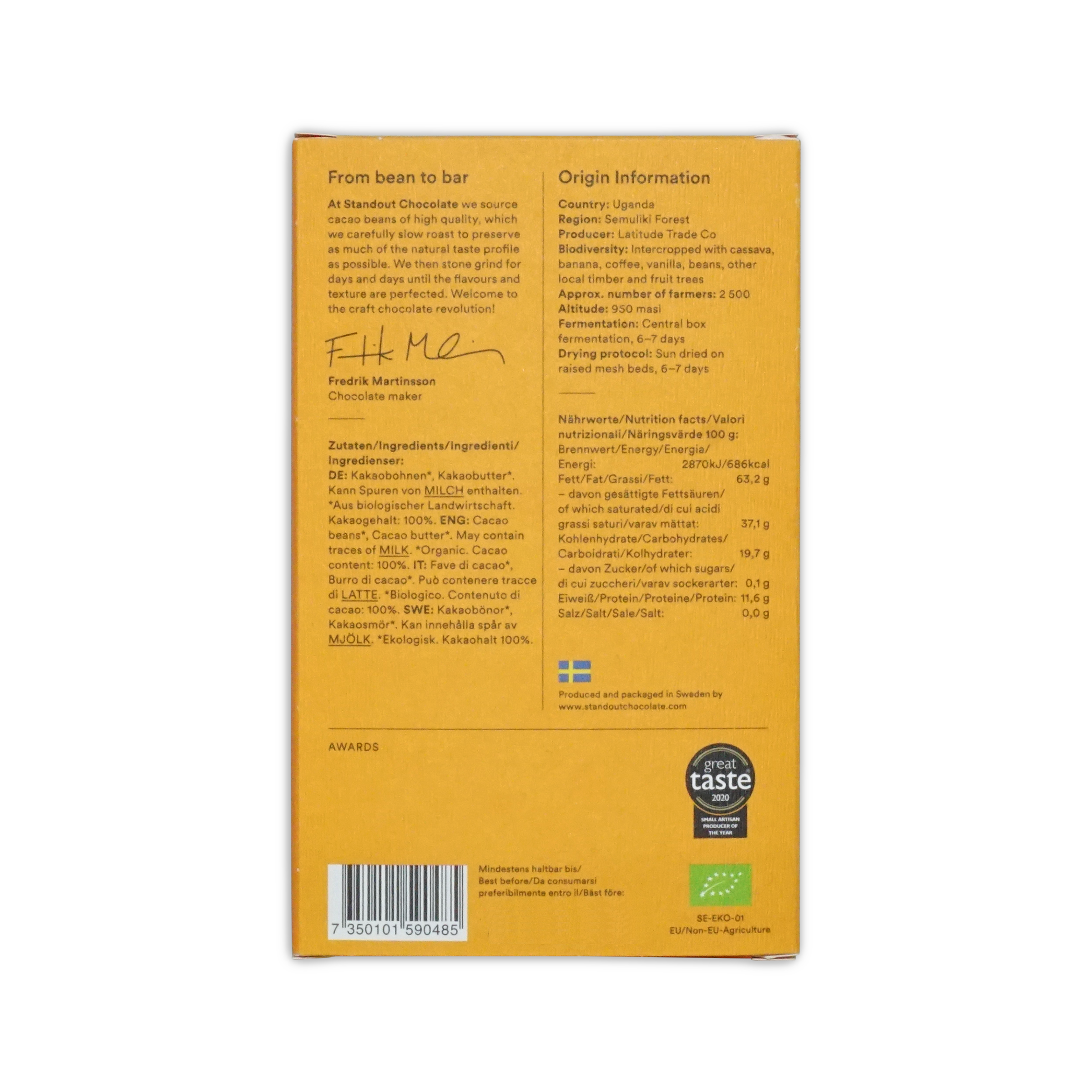 Yellow cardboard box of standout chocolate uganda semuliki forest 100 percent with black text and barcode on back side