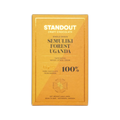 A golden yellow wrapper for standout craft chocolates 100 percent dark chocolate from ugandas semuliki forest with woody citrus cream notes