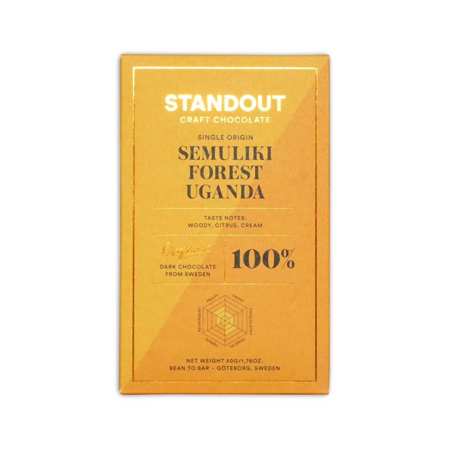 A golden yellow wrapper for standout craft chocolates 100 percent dark chocolate from ugandas semuliki forest with woody citrus cream notes