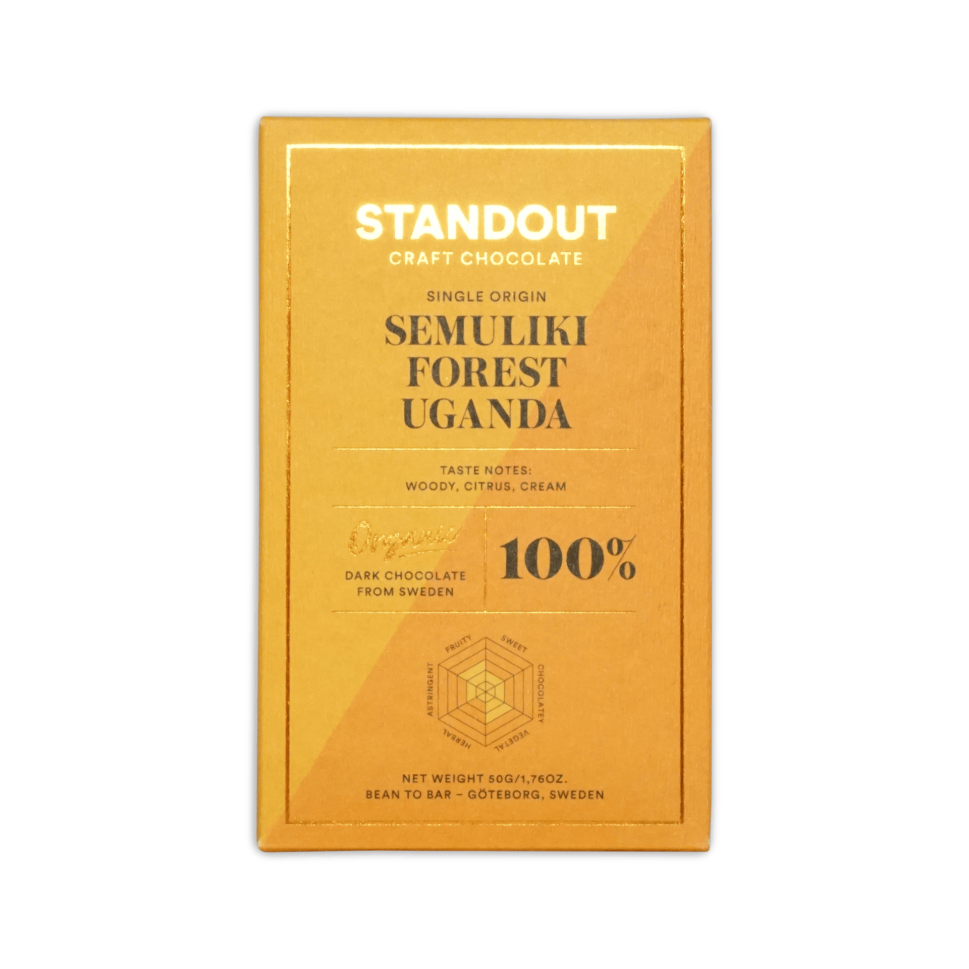 A golden yellow wrapper for standout craft chocolates 100 percent dark chocolate from ugandas semuliki forest with woody citrus cream notes