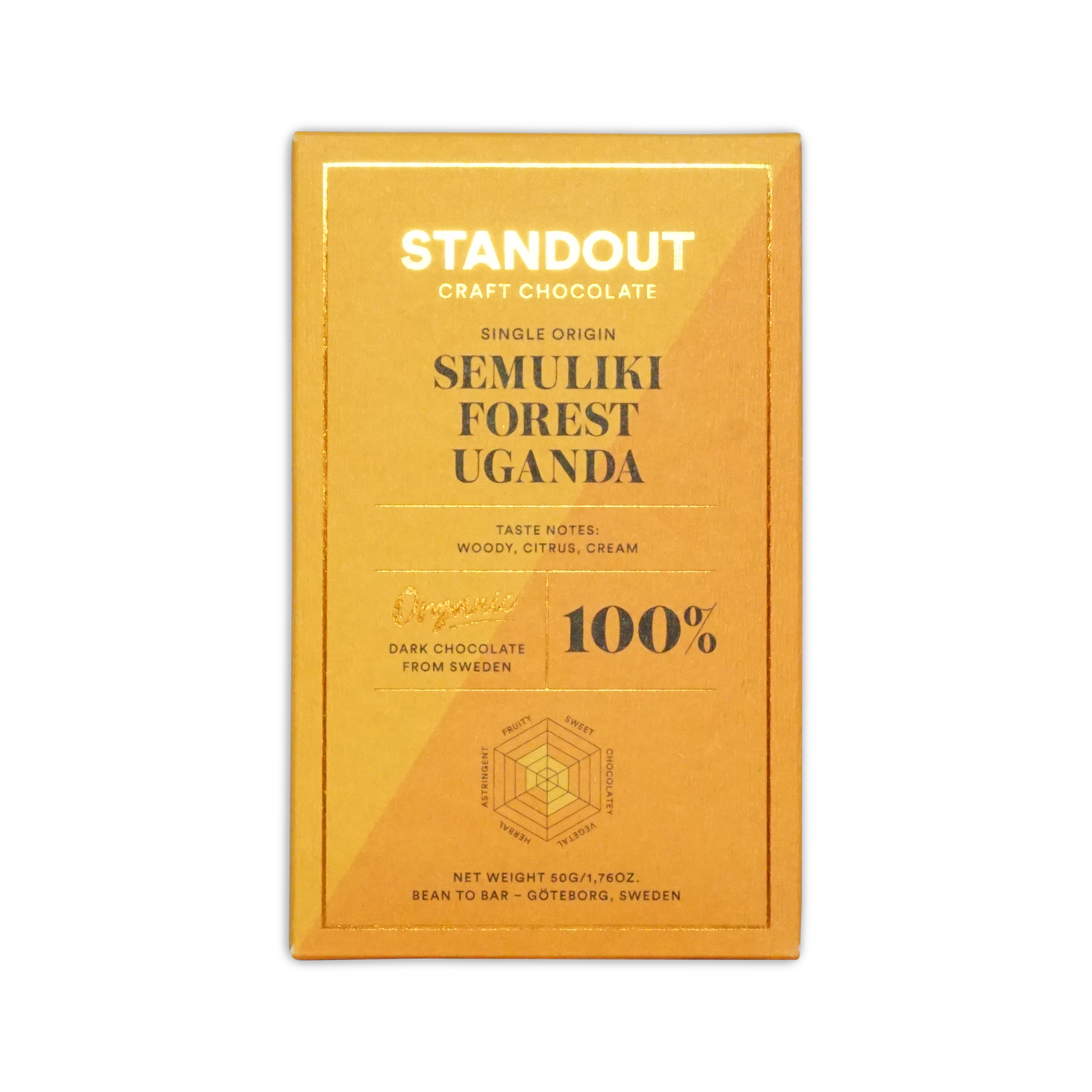 A golden yellow wrapper for standout craft chocolates 100 percent dark chocolate from ugandas semuliki forest with woody citrus cream notes