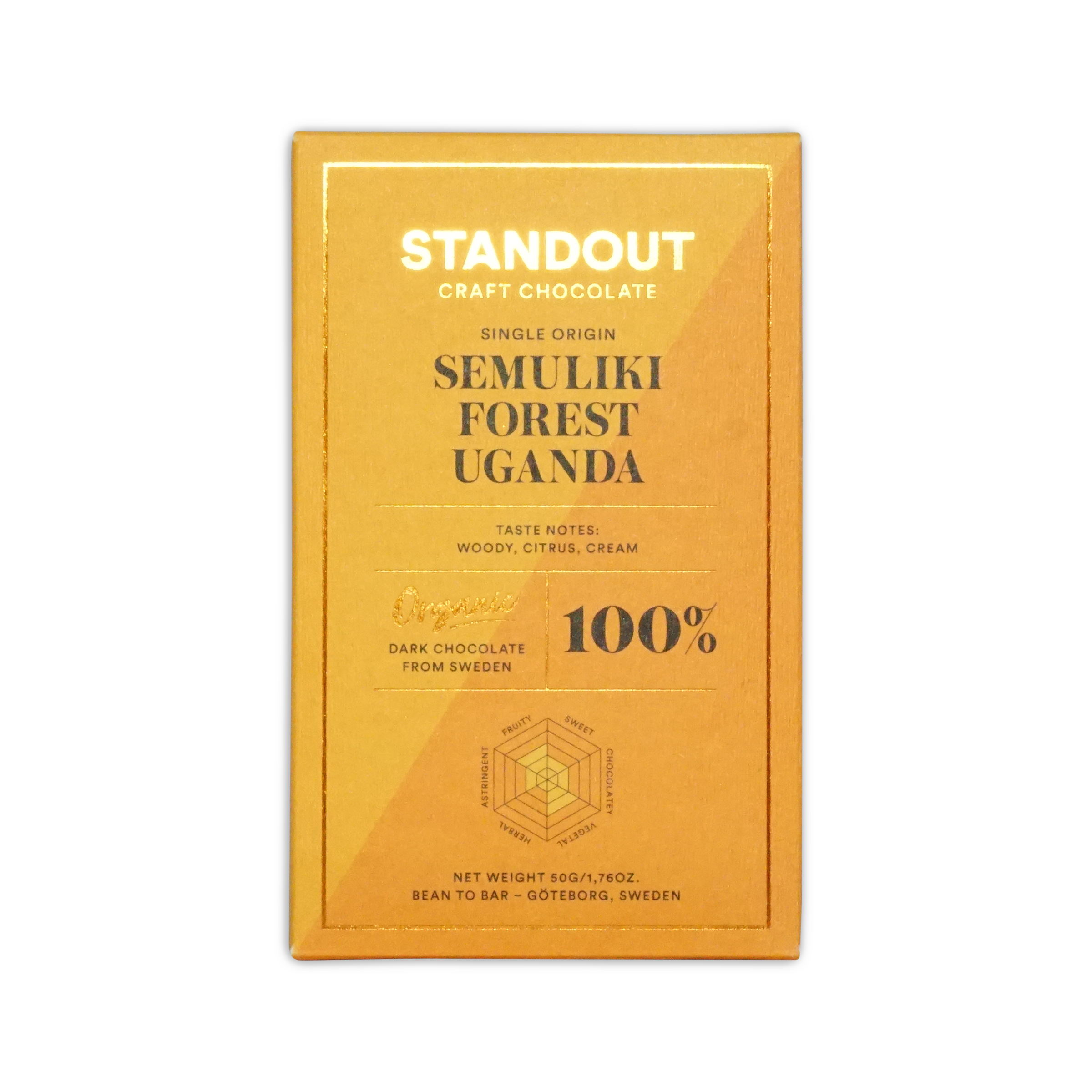 A golden yellow wrapper for standout craft chocolates 100 percent dark chocolate from ugandas semuliki forest with woody citrus cream notes