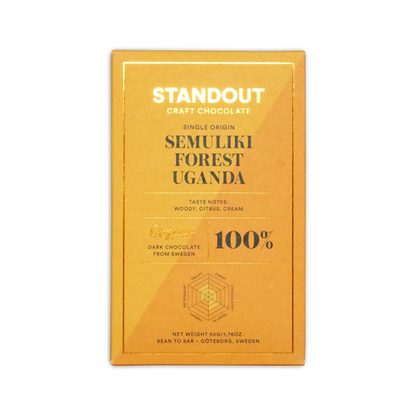A golden yellow wrapper for standout craft chocolates 100 percent dark chocolate from ugandas semuliki forest with woody citrus cream notes