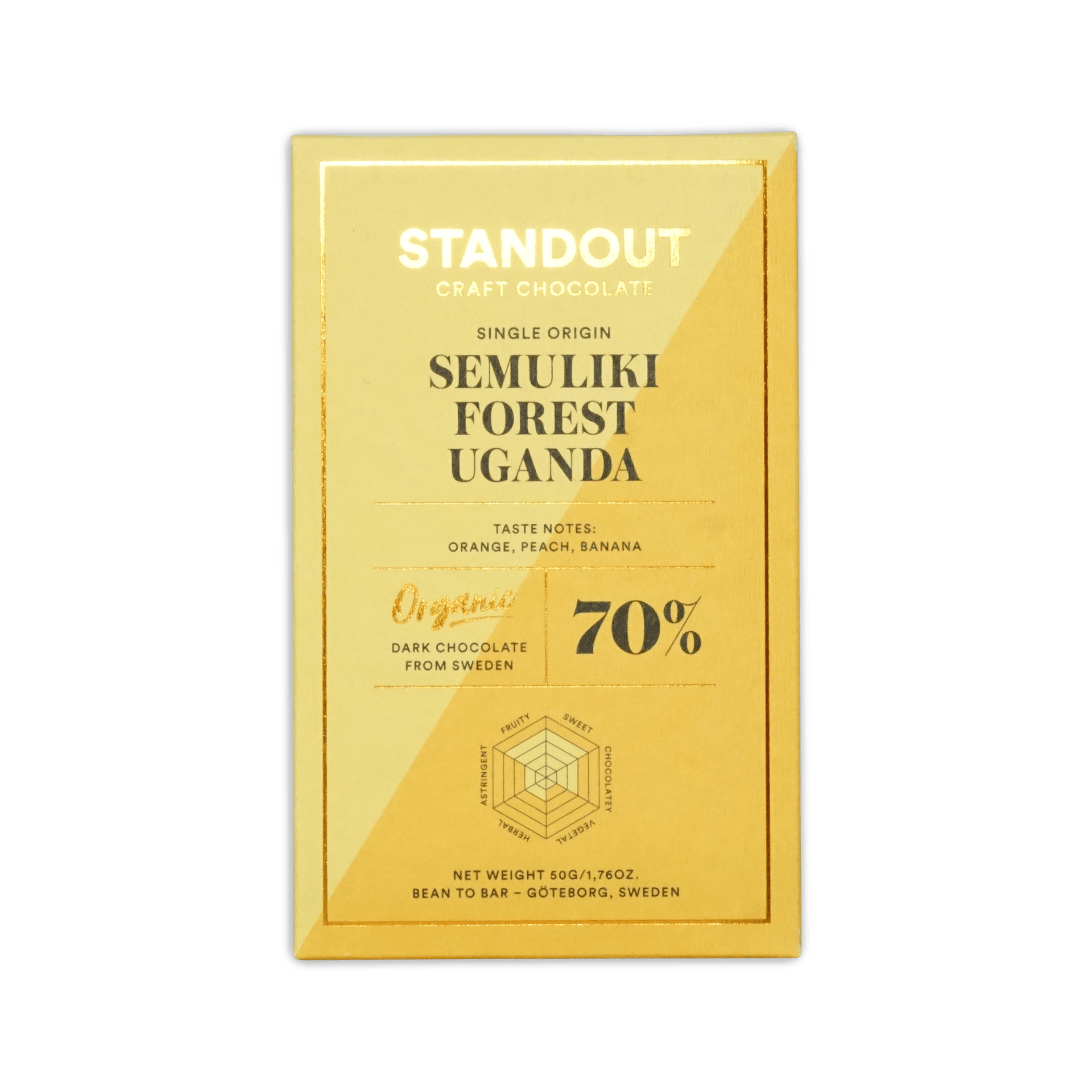 Standout Chocolate Semuliki Forest Uganda bar in a gold box, reading Single Origin, Organic, 70%, with a flavor radar chart.