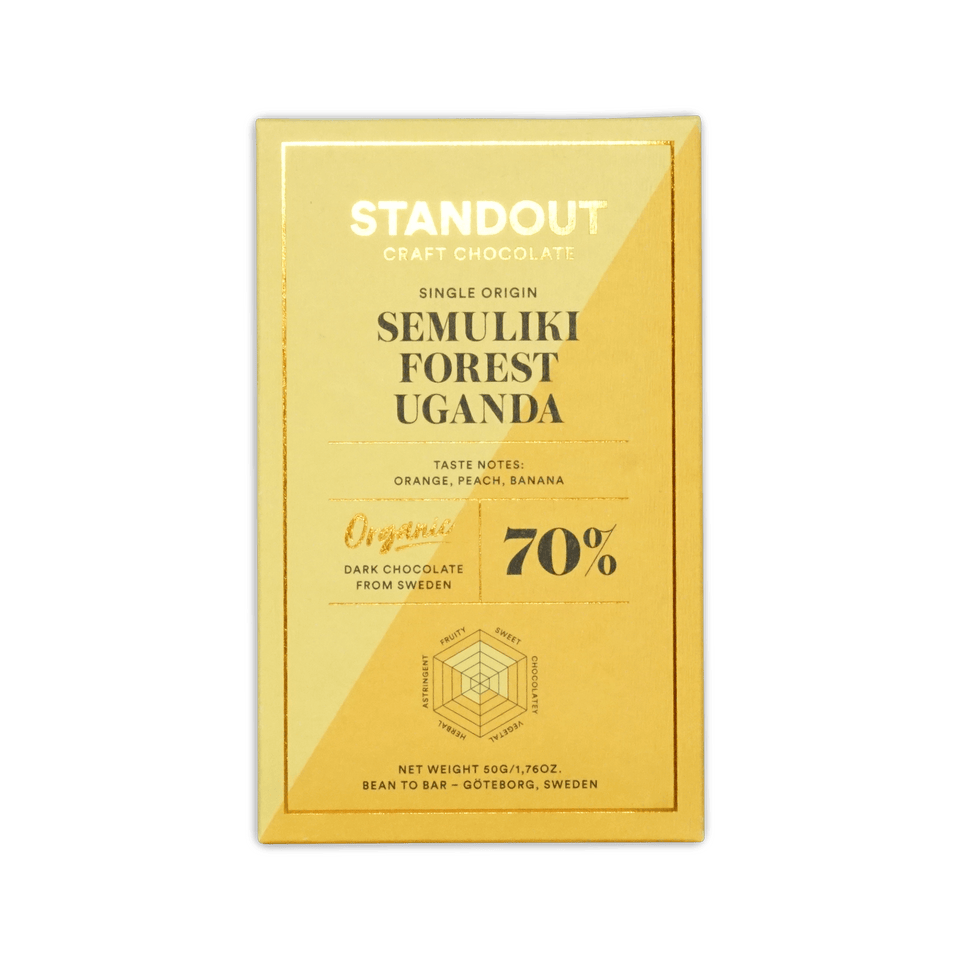 Standout Chocolate Semuliki Forest Uganda bar in a gold box, reading Single Origin, Organic, 70%, with a flavor radar chart.