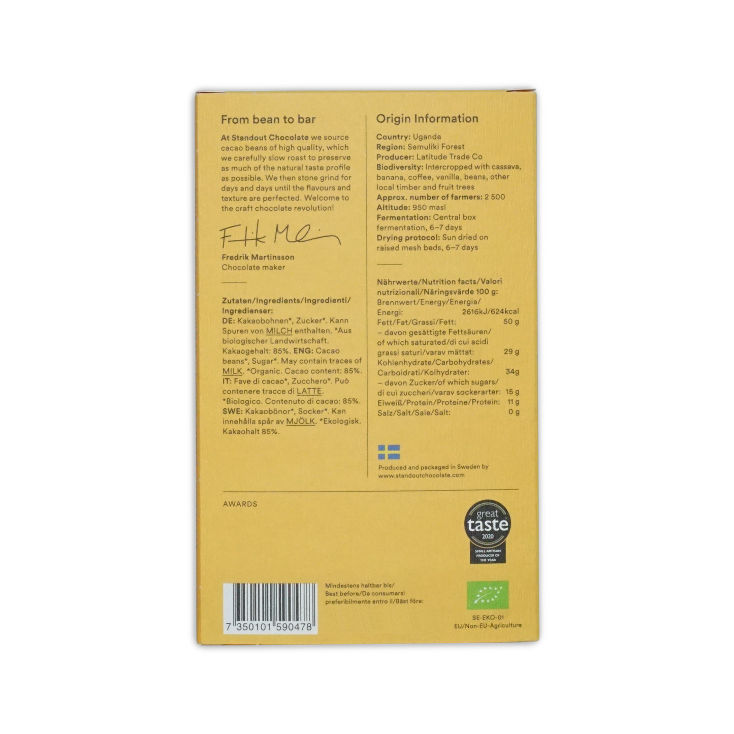 Yellow cardboard wrapper of Standout Chocolate Uganda Semuliki Forest 85 percent with black text and green organic logo